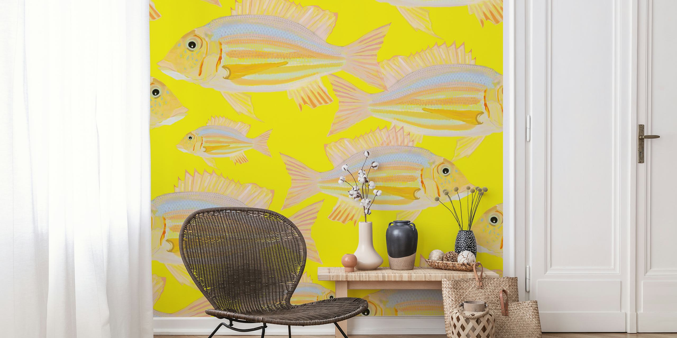 Bright sand bream fish pattern on yellow background wall mural