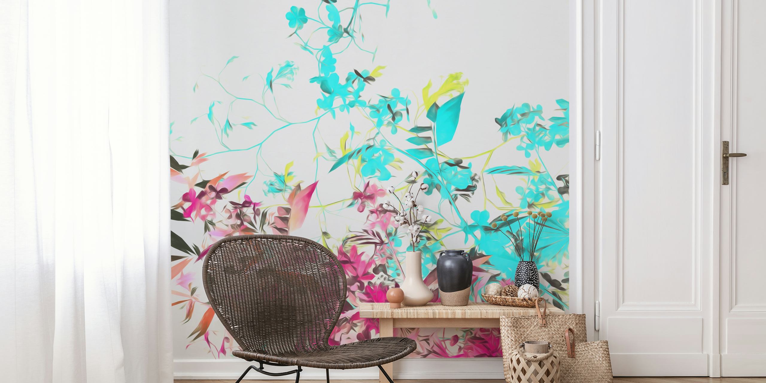 Βαφή τοίχου Vibrant Leaves and Flowers σε ένα δωμάτιο