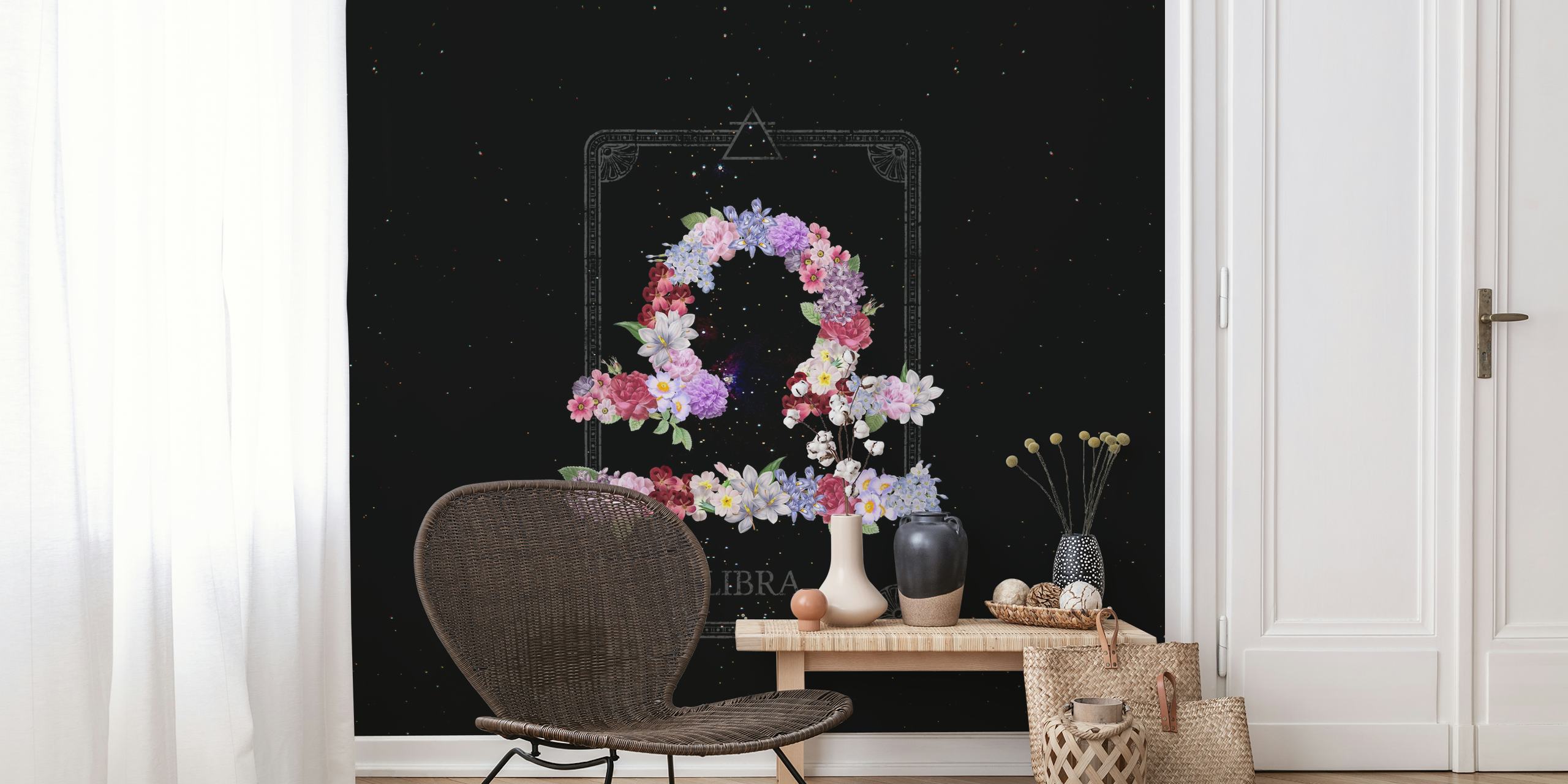 Floral Libra zodiac sign design with vibrant flowers on a black background wallpaper