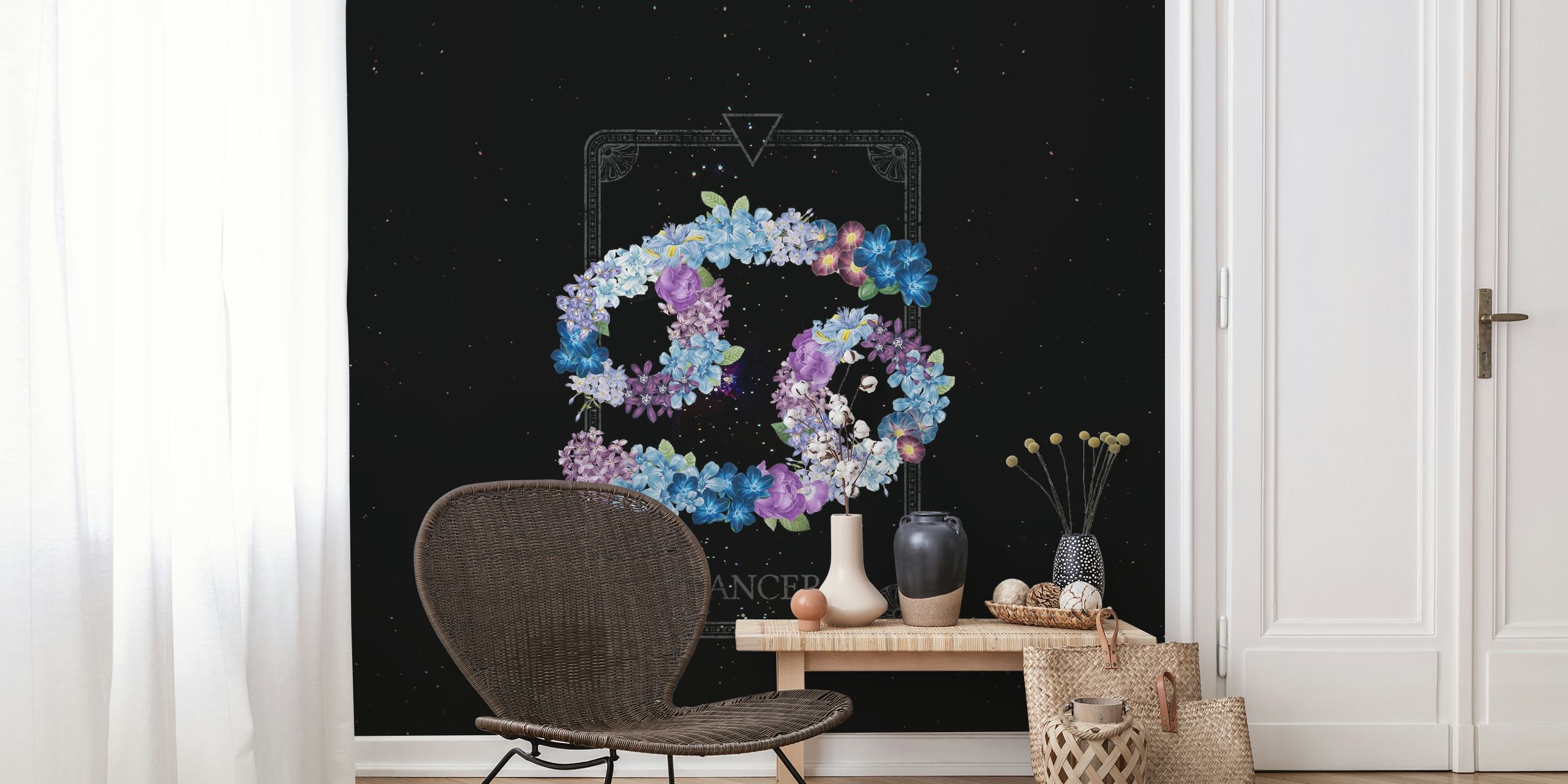 Floral Zodiac Sign in blue and purple colors on black background wall mural