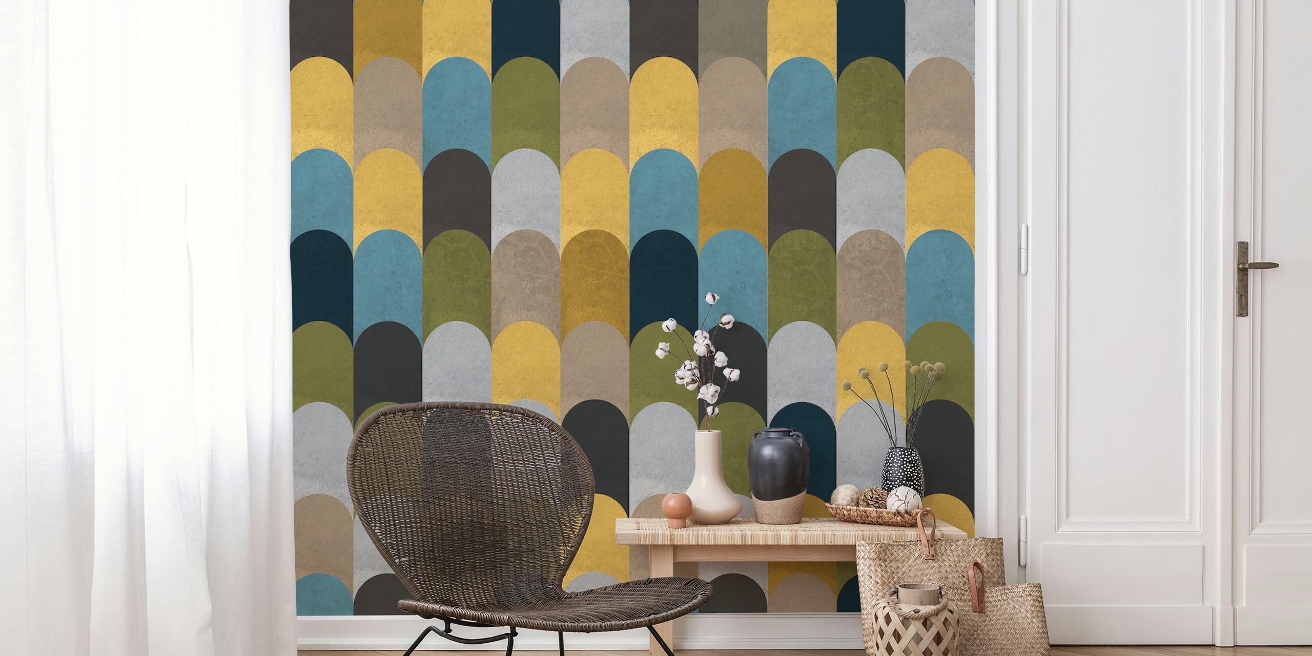 Motif géométrique en arches colorées bleu, vert, beige et noir wallpaper