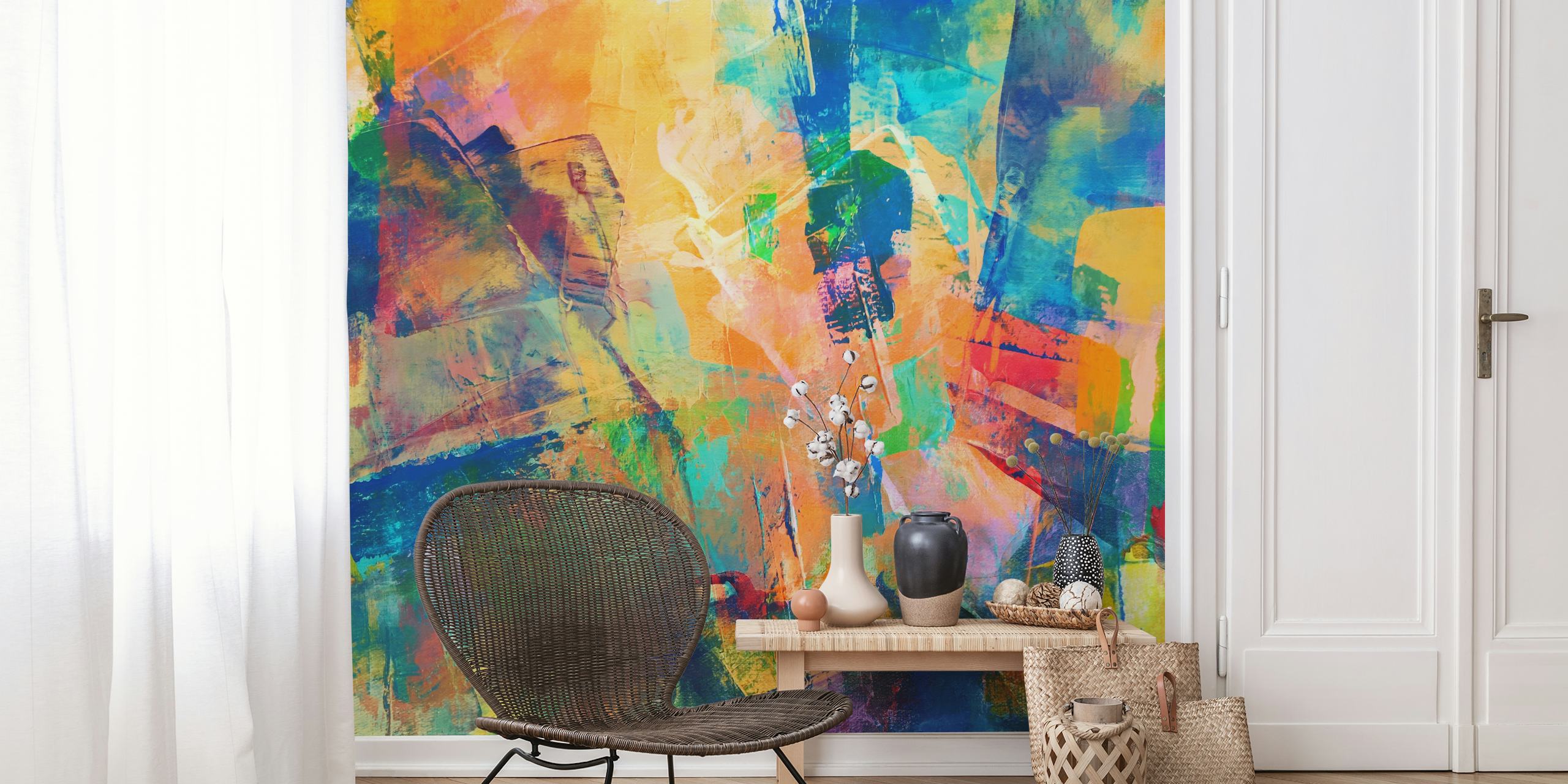 Colorful abstract brush strokes in various shades on wallpaper