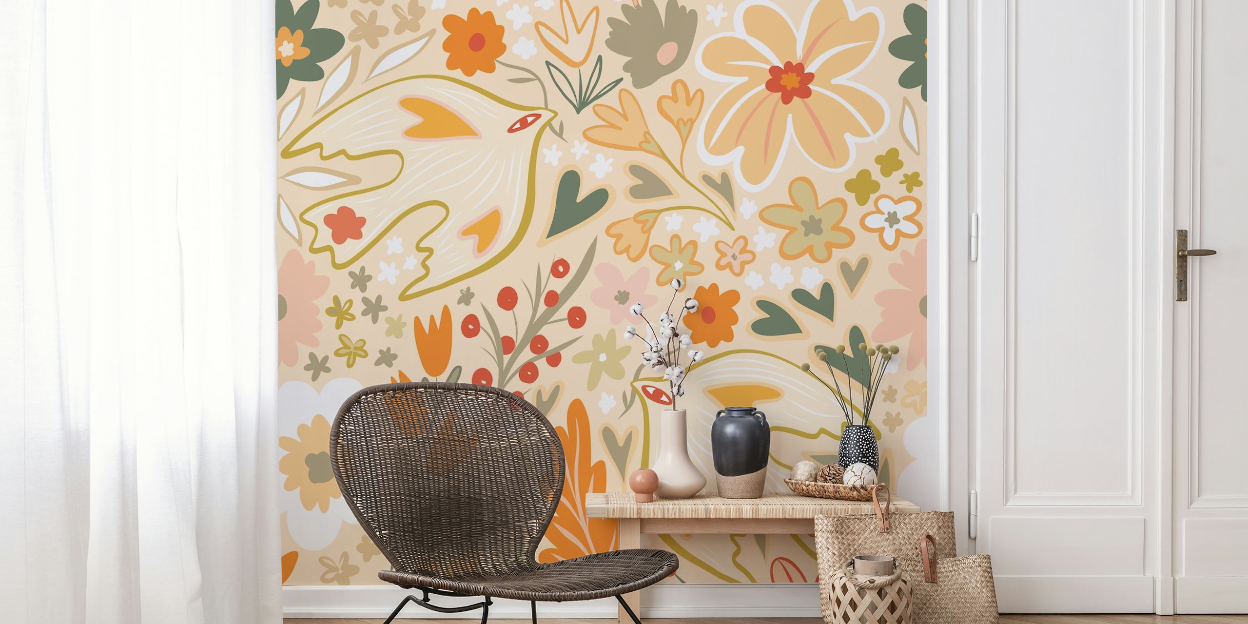 Retro Boho Love Bird Garden wallpaper in a room