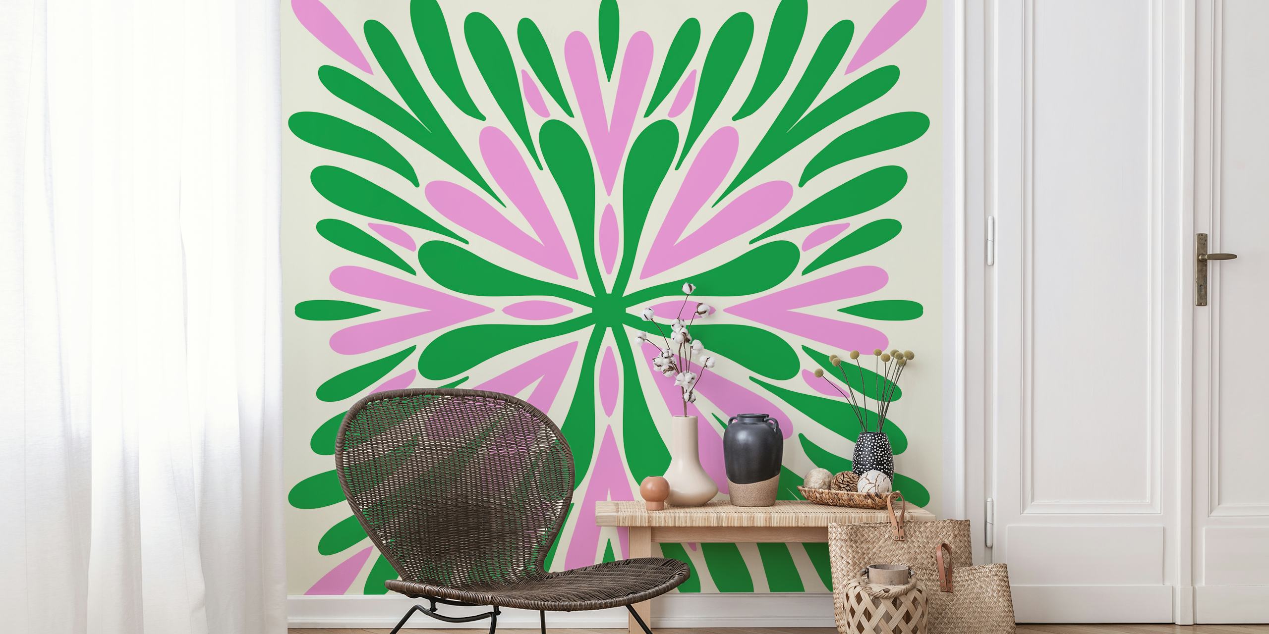 Floral design with pink and green petals wallpaper