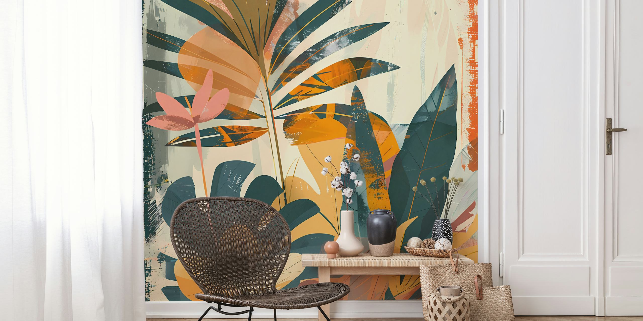 Barevná abstraktní nástěnná malba tropické zahrady s živými botanickými prvky