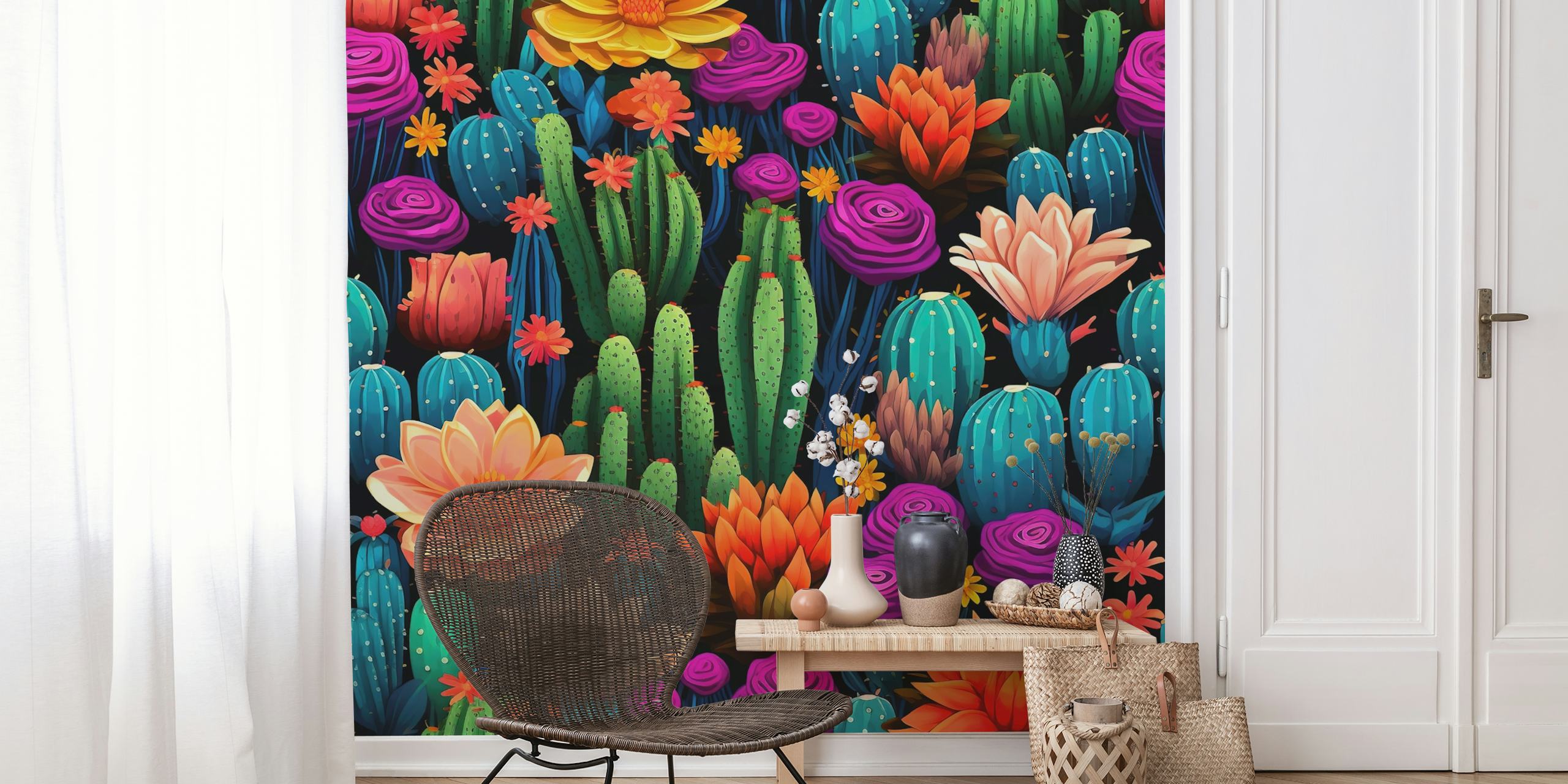 Colorful cacti and flowers wallpaper design