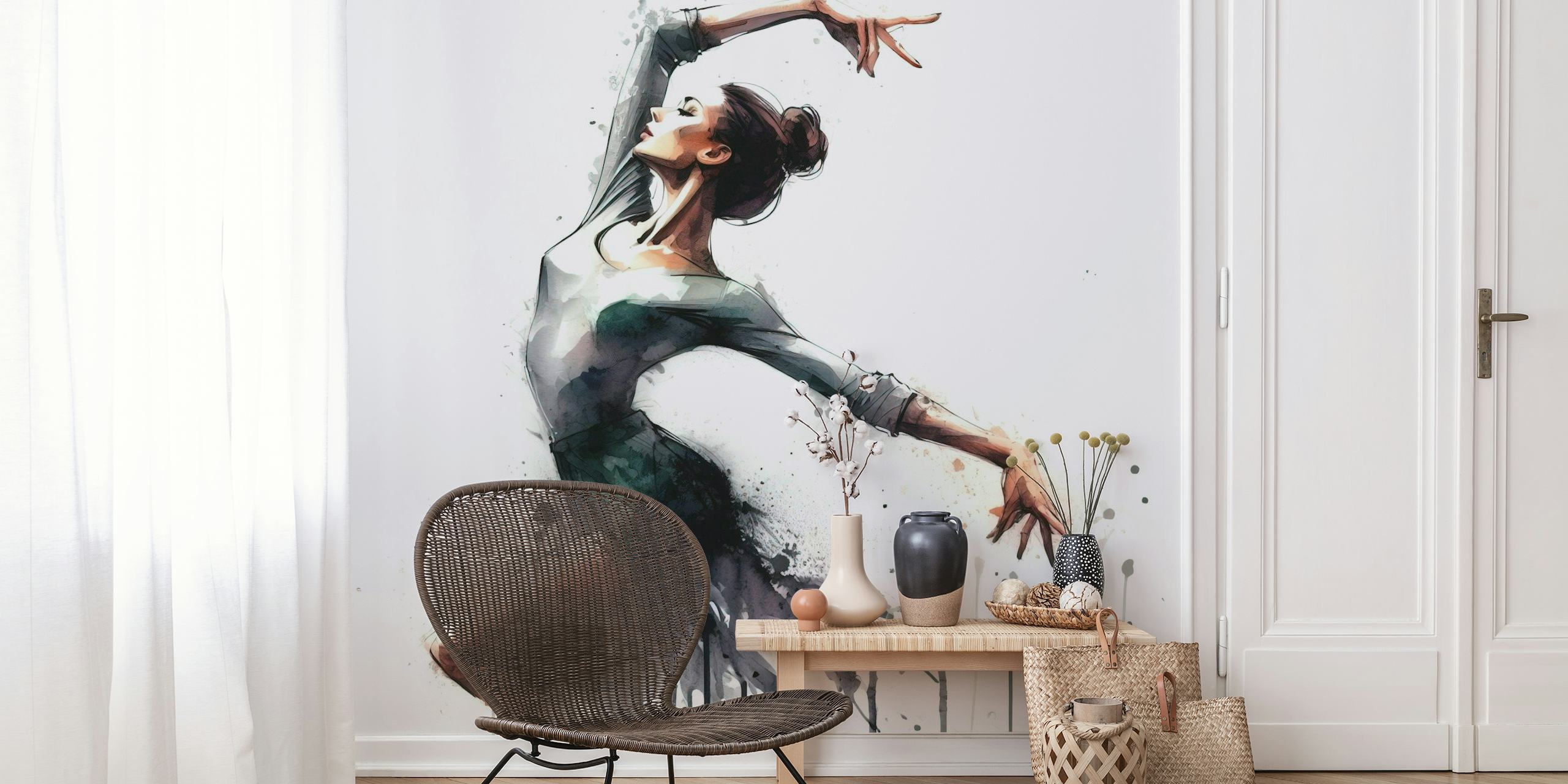 Artistic watercolor wall mural of a ballet dancer in motion