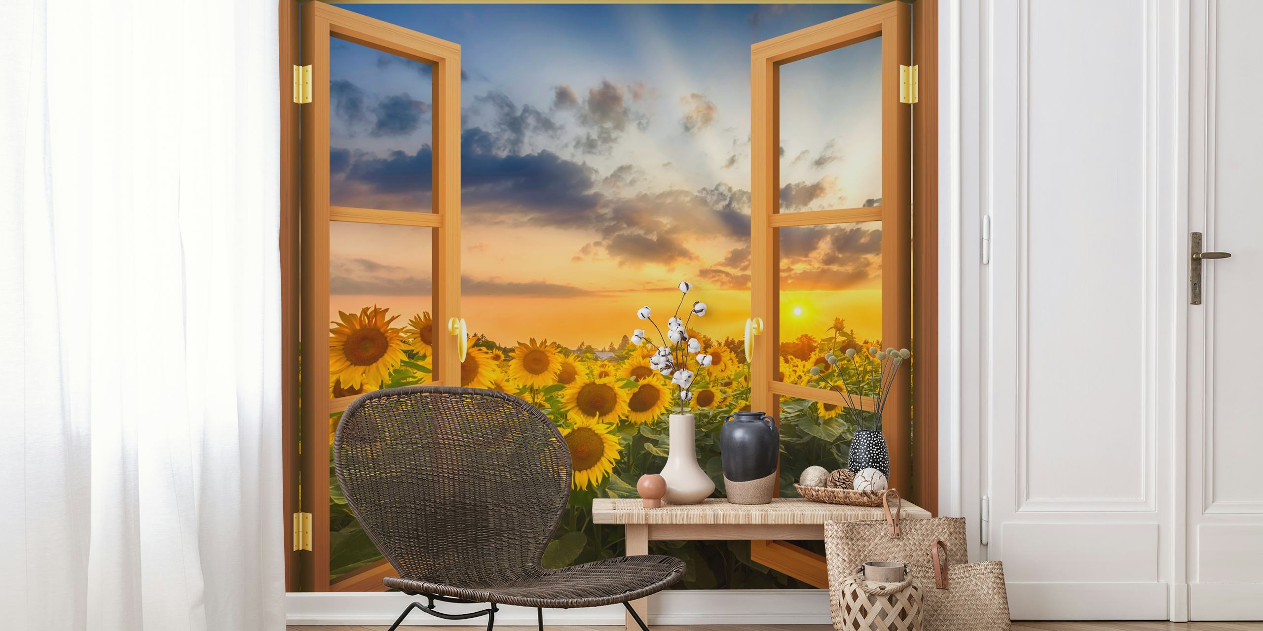 Sunflower wallpaper in room setting