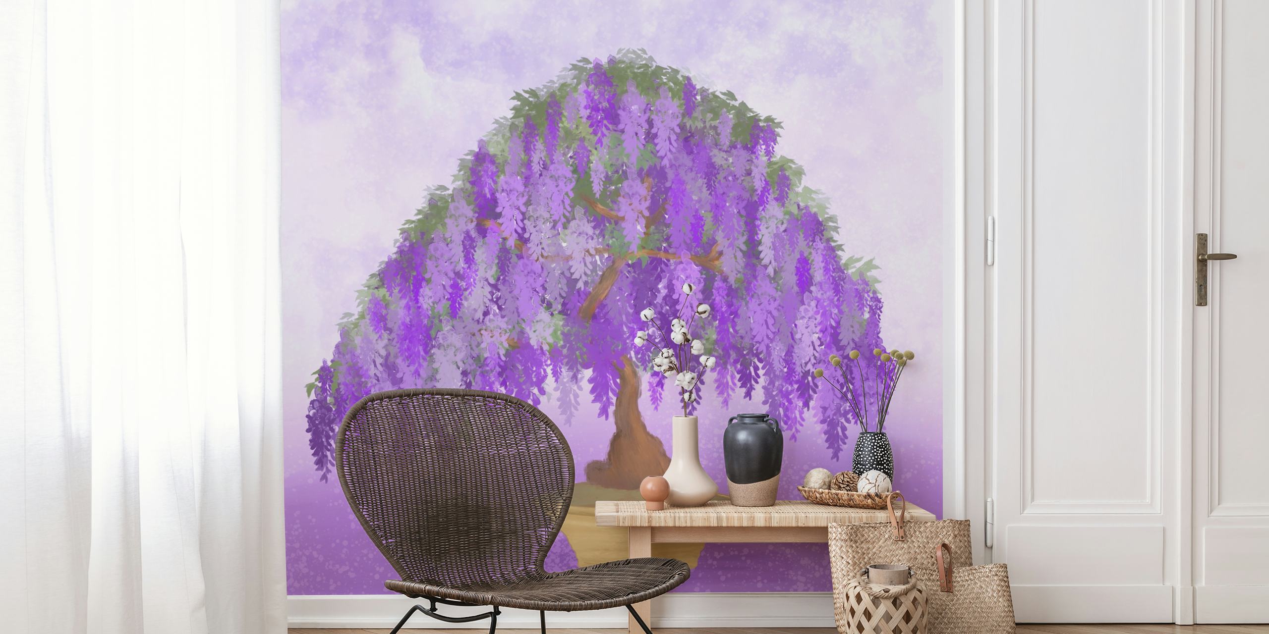 Wisteria Bonsai Tree wall mural depicting a bonsai in full bloom with a soft purple background