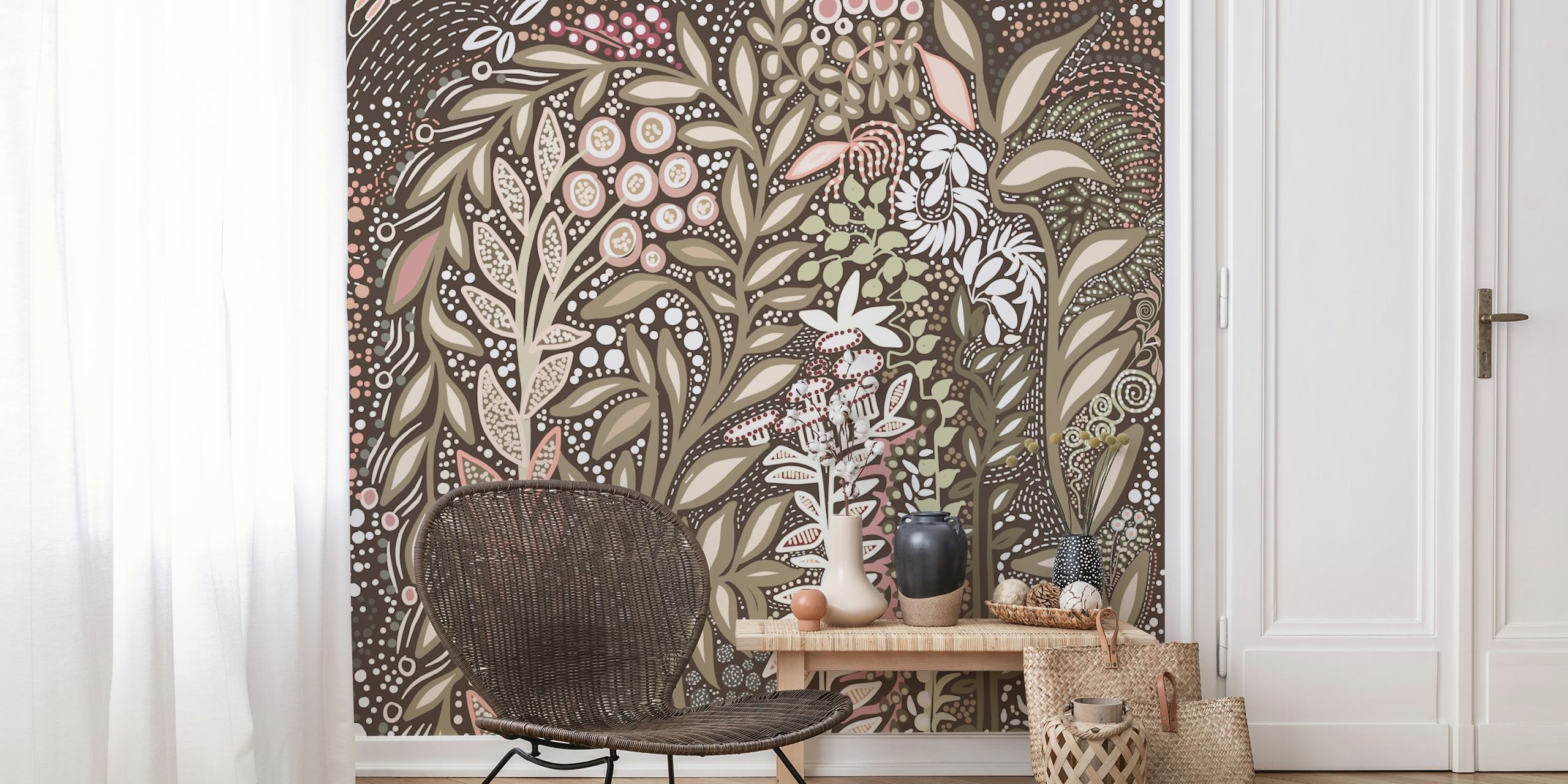 Floral patterns in earthy tones on brown background wallpaper