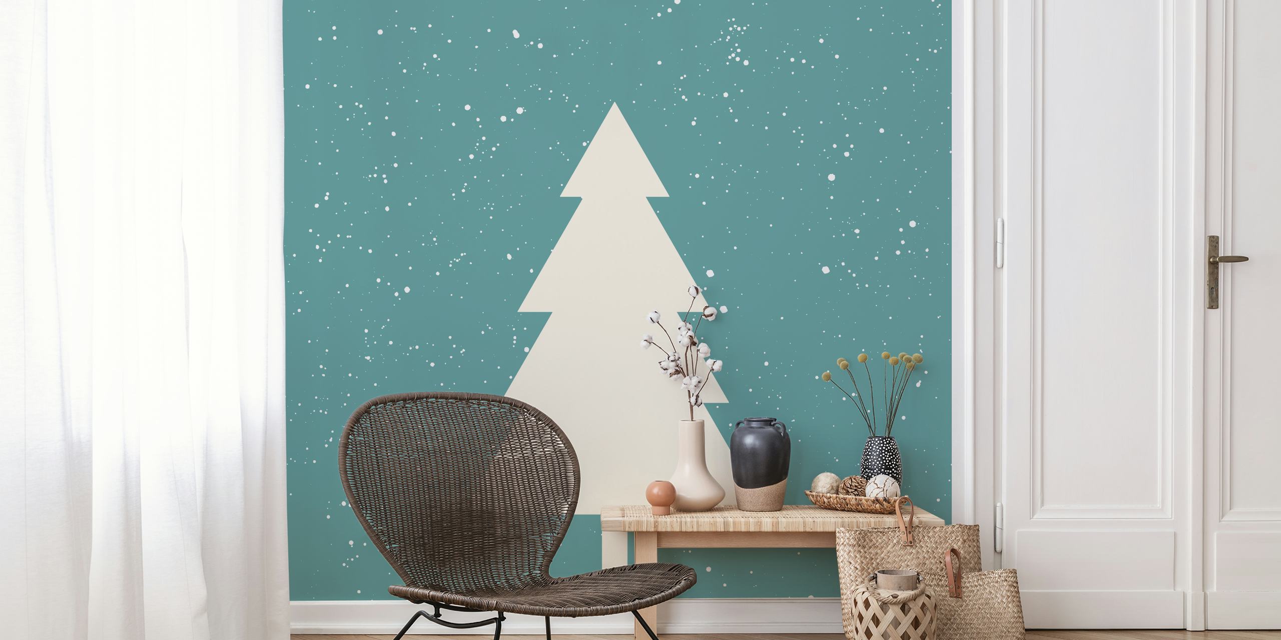 Fototapeten Stilisierter weißer Weihnachtsbaum auf einem mit Schneeflocken gesprenkelten blauen Hintergrund