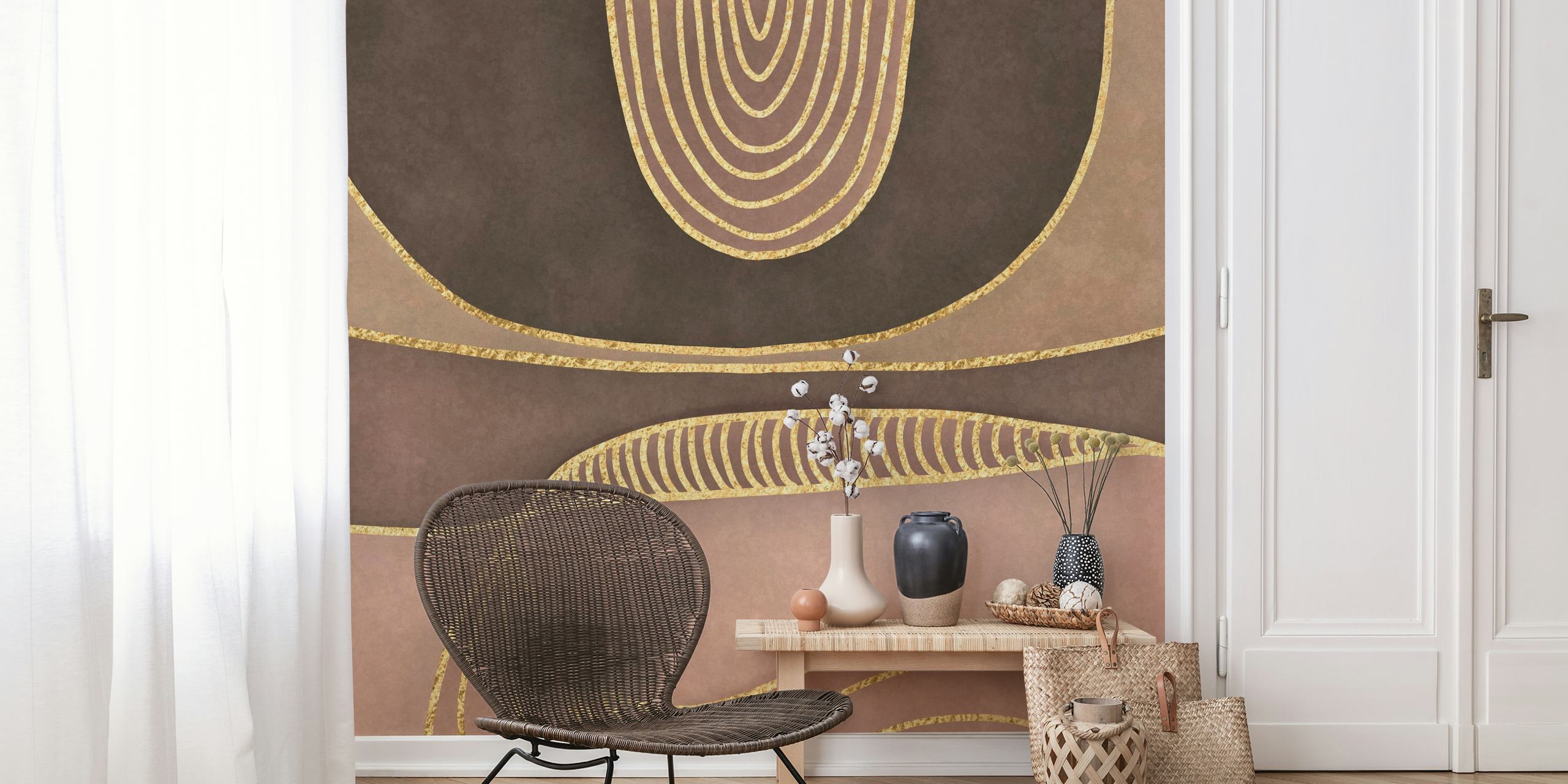Αφηρημένη τοιχογραφία mid-century με καφέ και χρυσές Shapes
