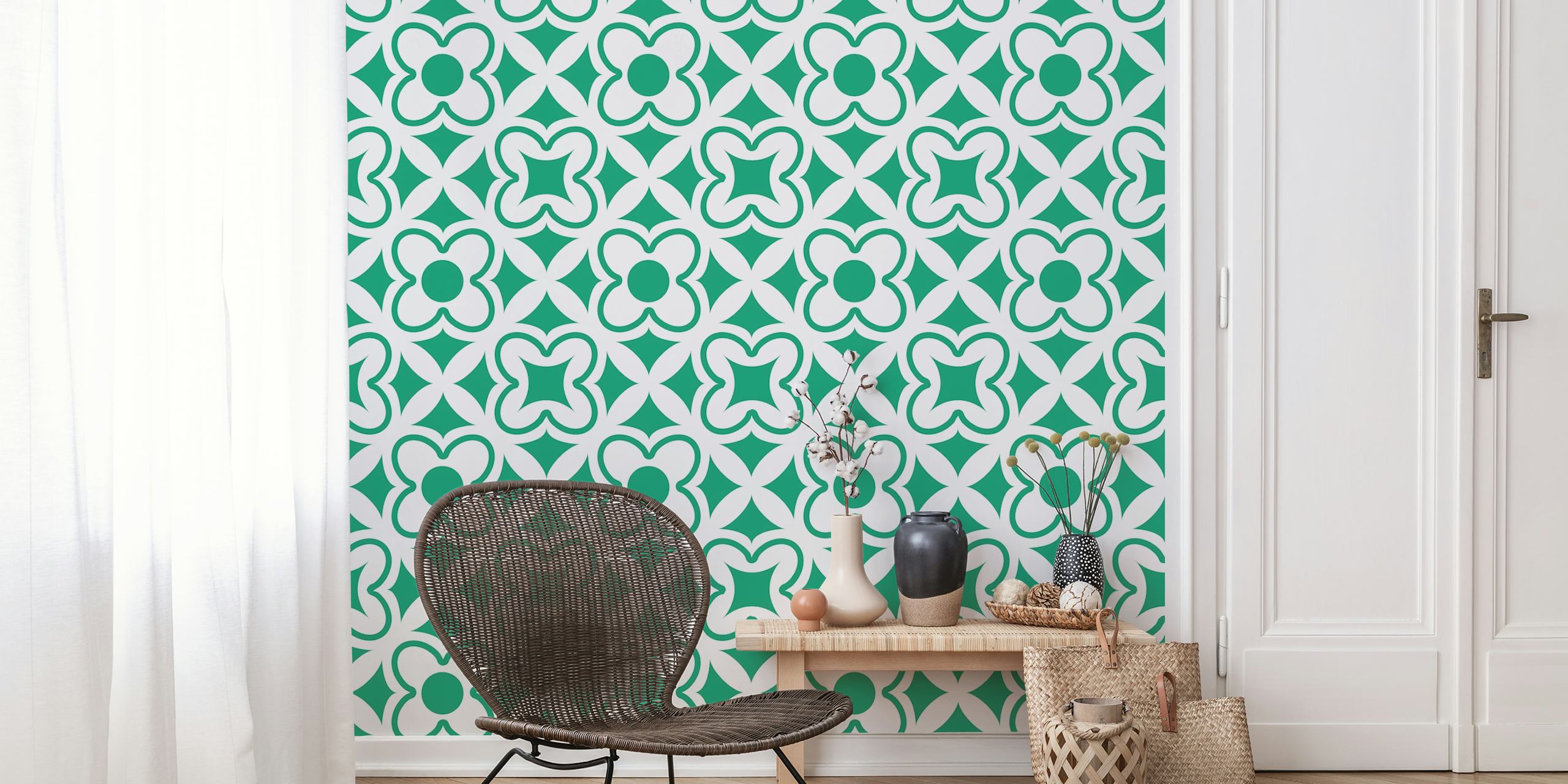 Turkish floral ornament wall mural featuring green and white geometric patterns
