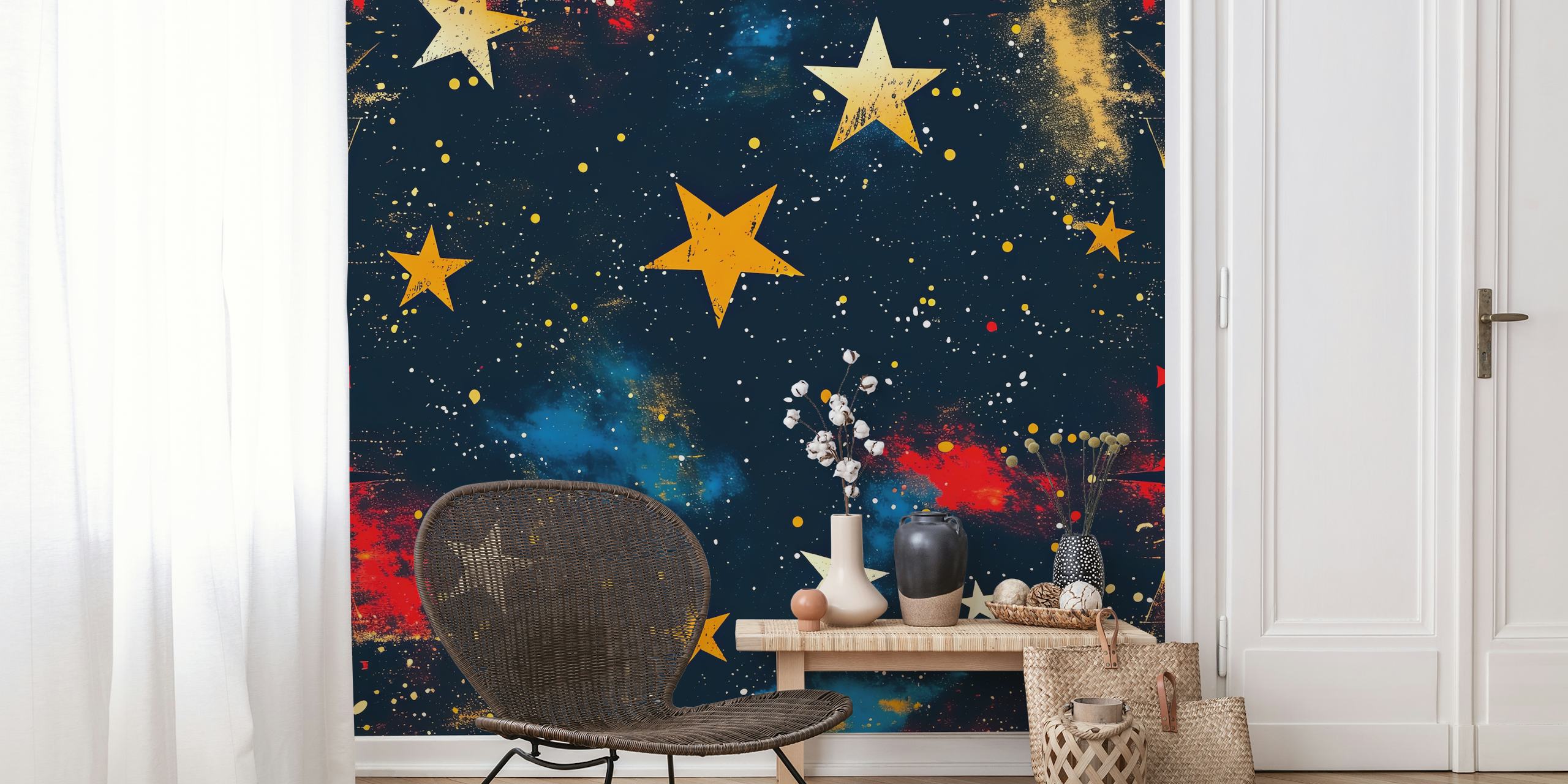The Stars Above wall mural with vibrant stars and nebulae on dark background