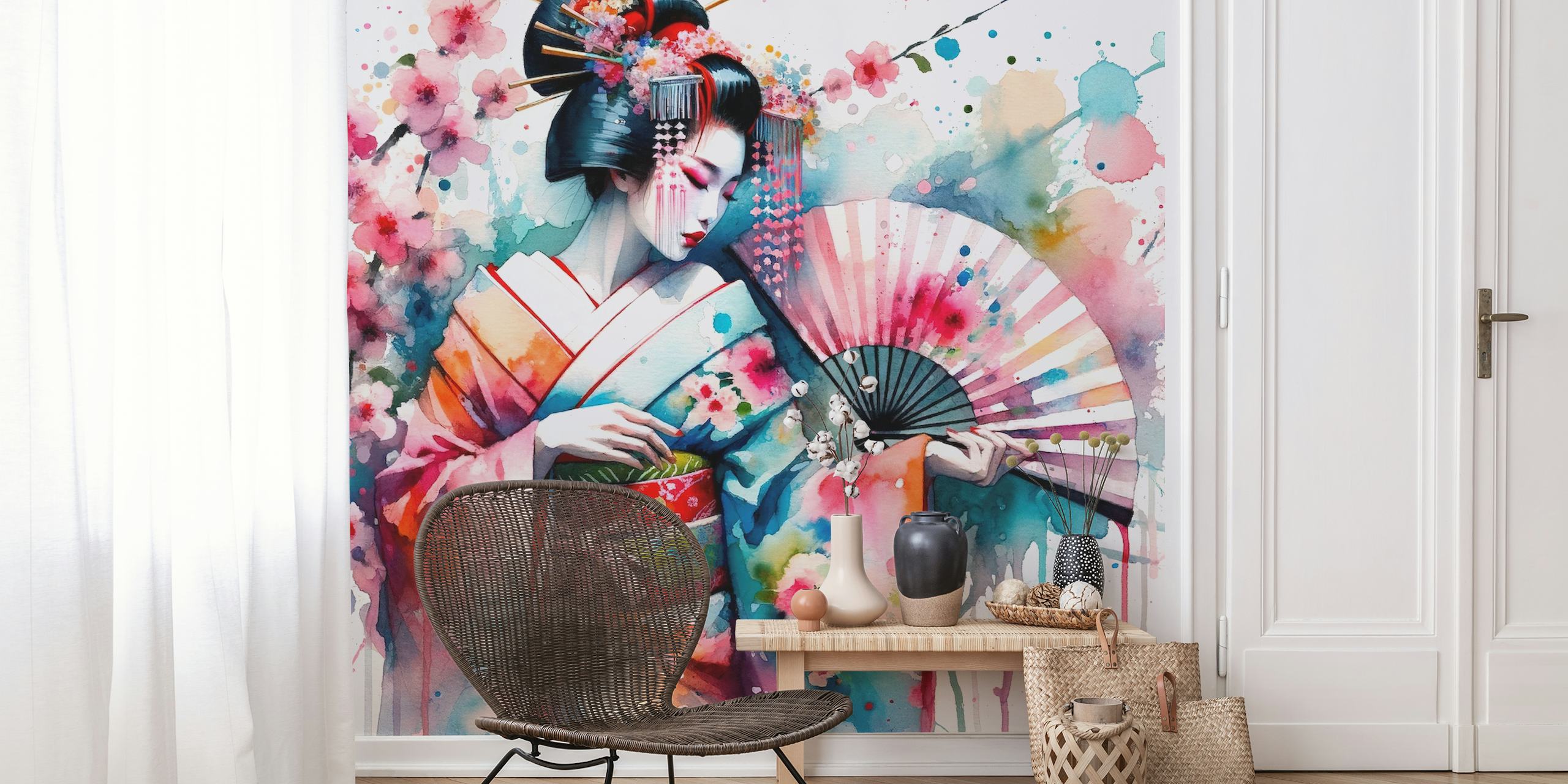 Papel tapiz Watercolor Geisha Dancer en una habitación