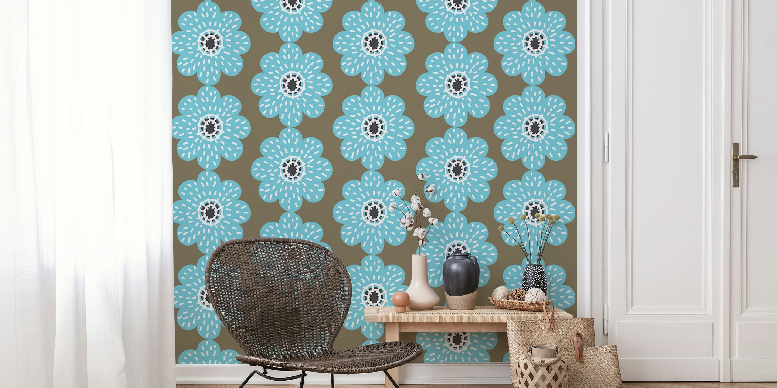Coffee Brown Sea Foam Floral Art τοιχογραφία με συμμετρικό λουλουδάτο μοτίβο σε μπλε και καφέ αποχρώσεις.