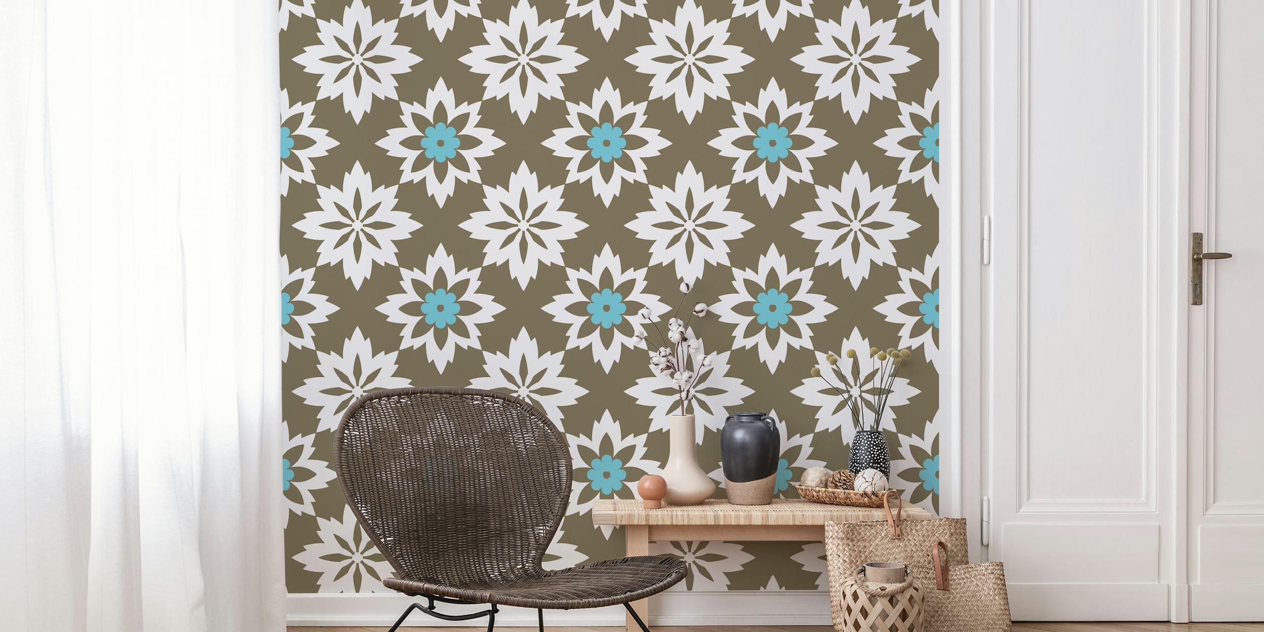 Moorish-inspired floral ornament wall mural in brown and teal blue