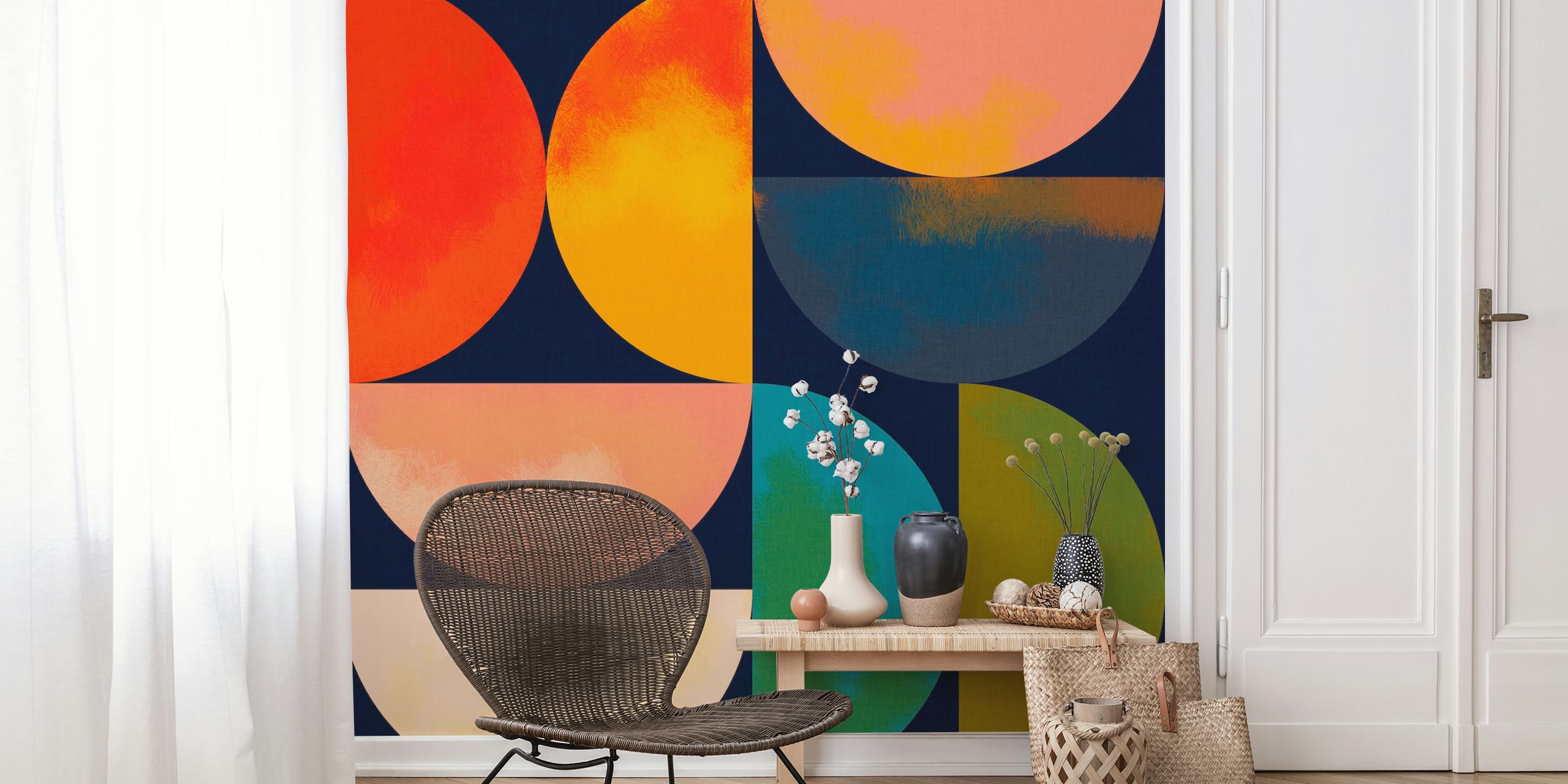 Kleurige mid-century shapes behang in een kamer
