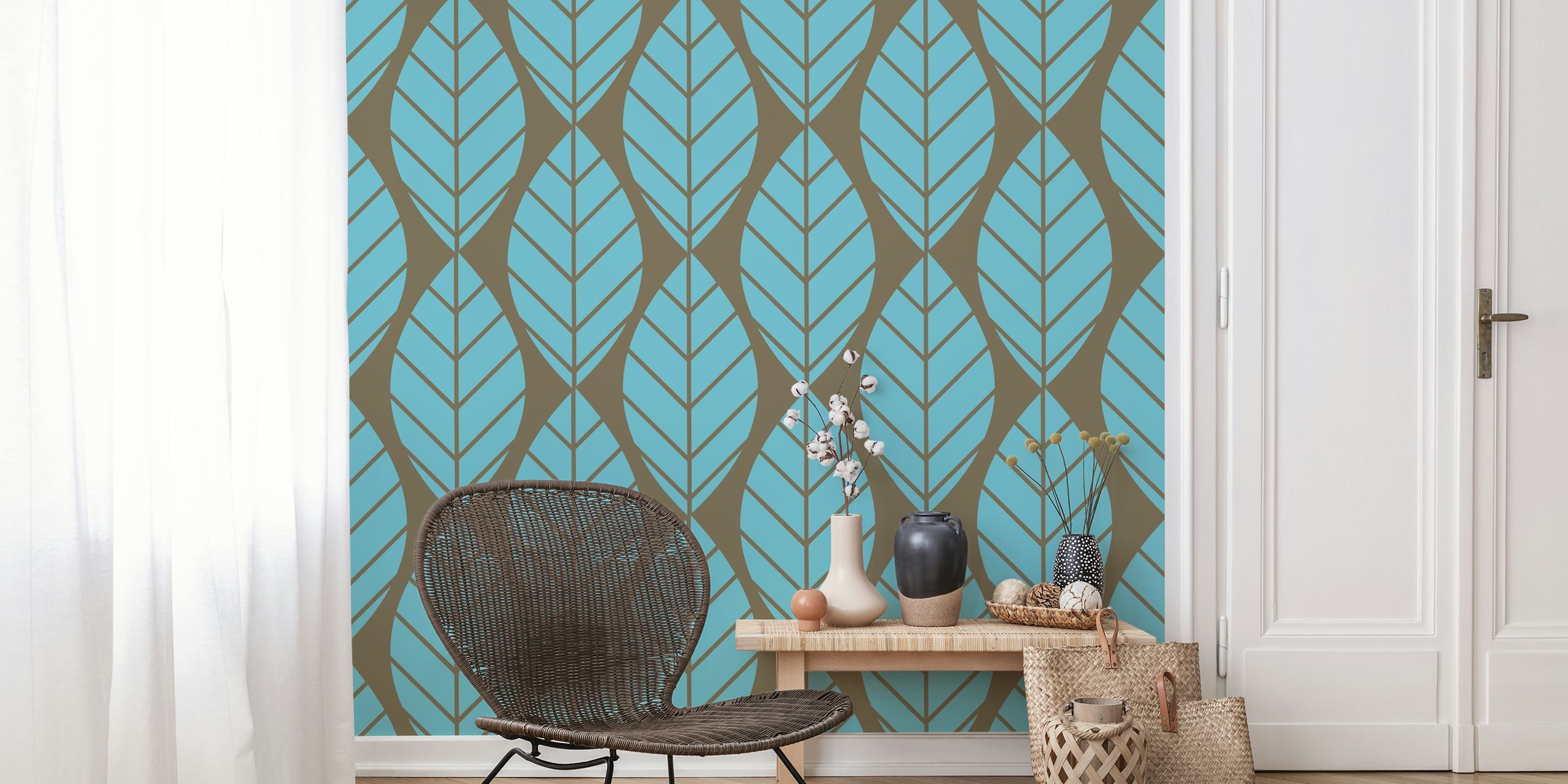 Leaf pattern in aqua and mocha brown wallpaper