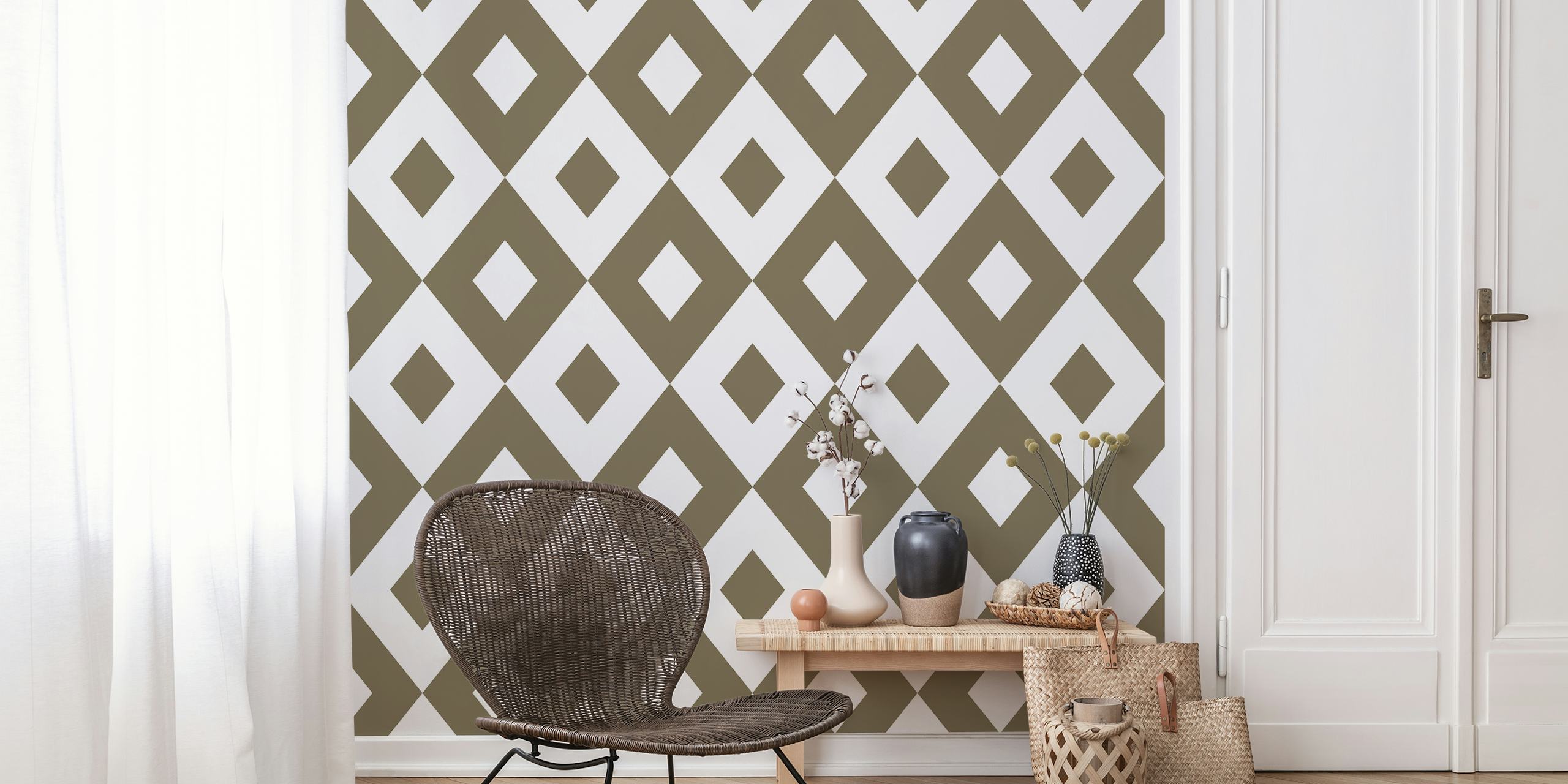 Brown beige white rhombus pattern ταπετσαρία σε ένα δωμάτιο