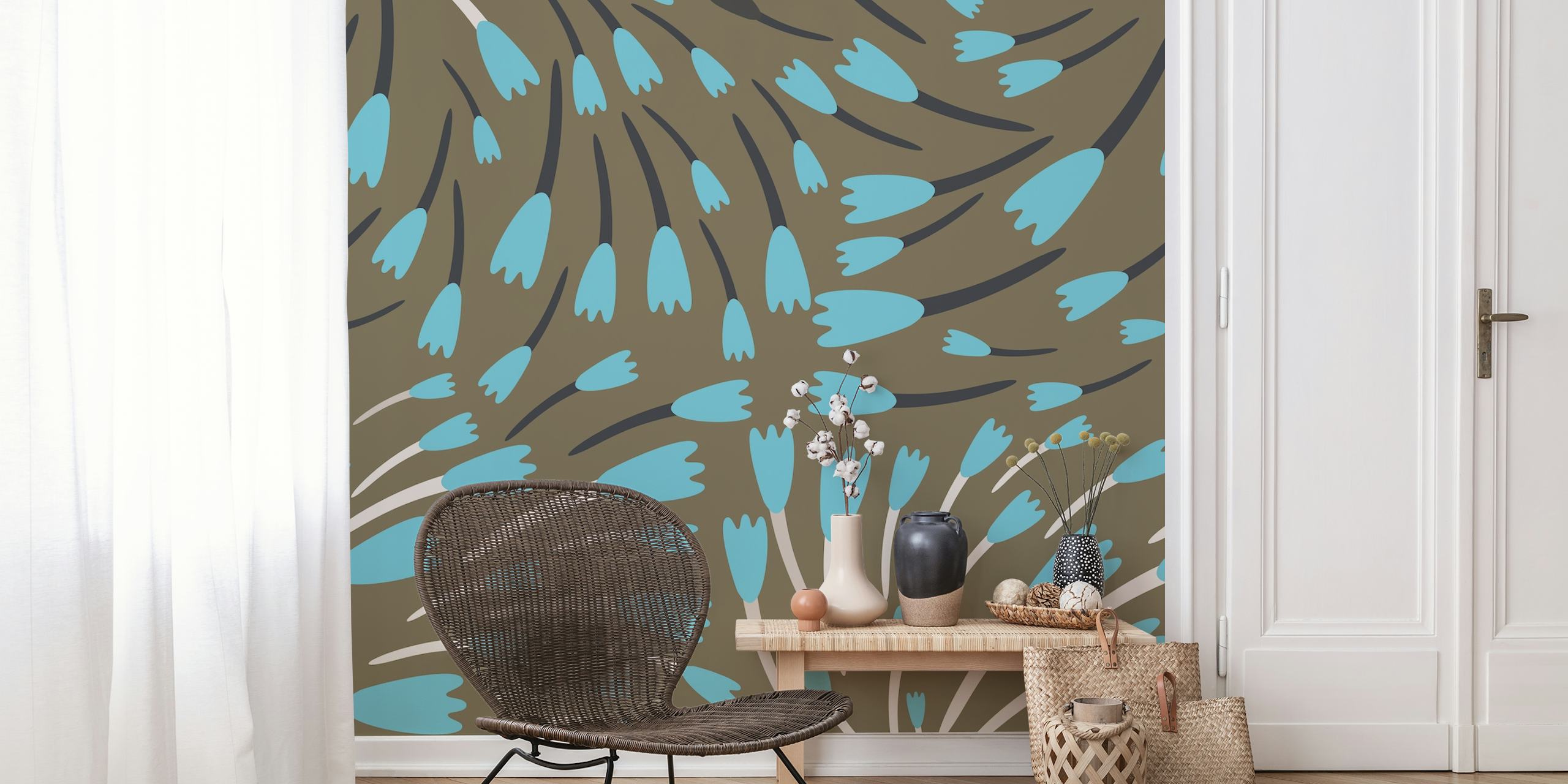 Stylized aqua blue tulips pattern on a grey background wall mural design