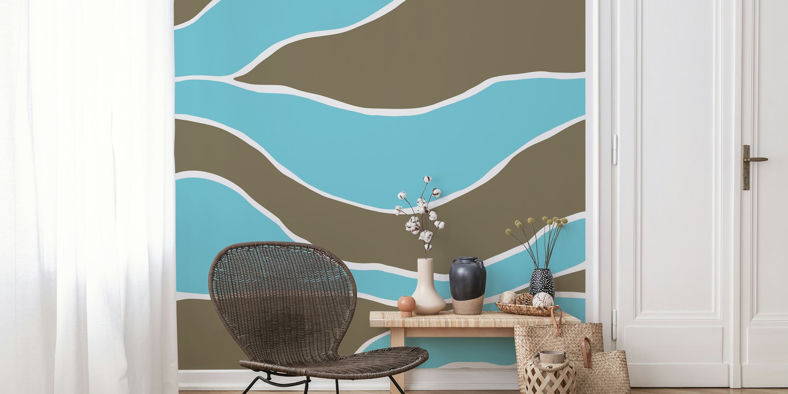 Abstract wavy pattern wallpaper in brown, teal and white.