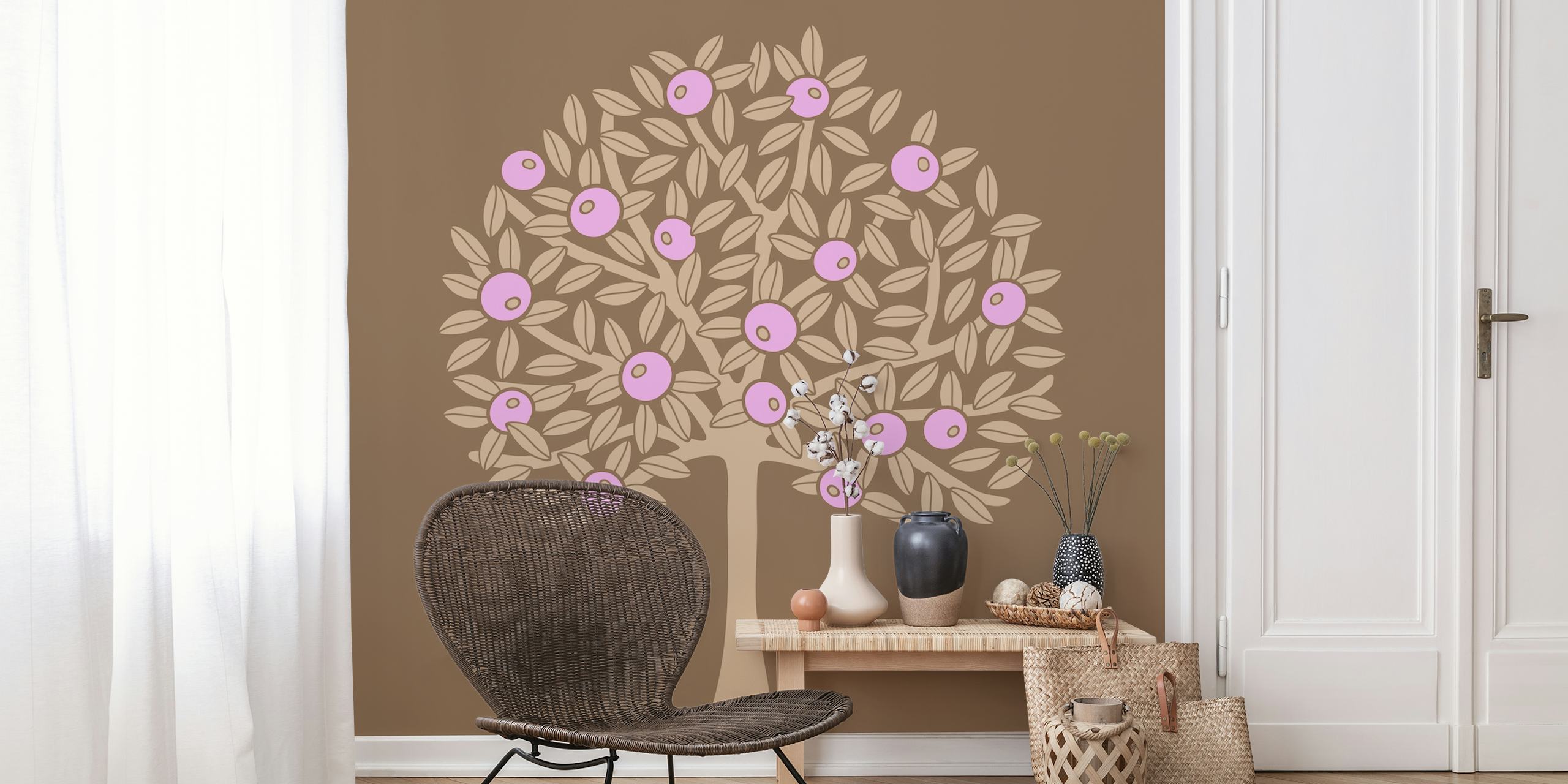 Stilisert rosa og brunt frukttre veggmaleri fra happywall.com
