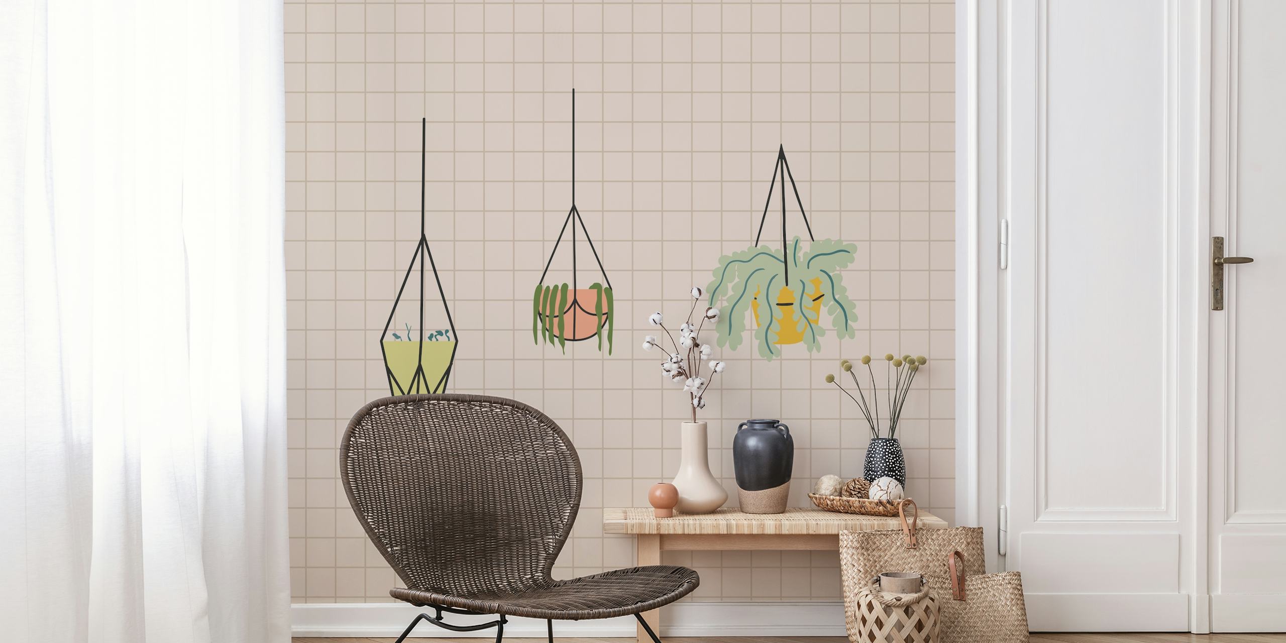 Hanging plants in geometric planters on beige grid wallpaper