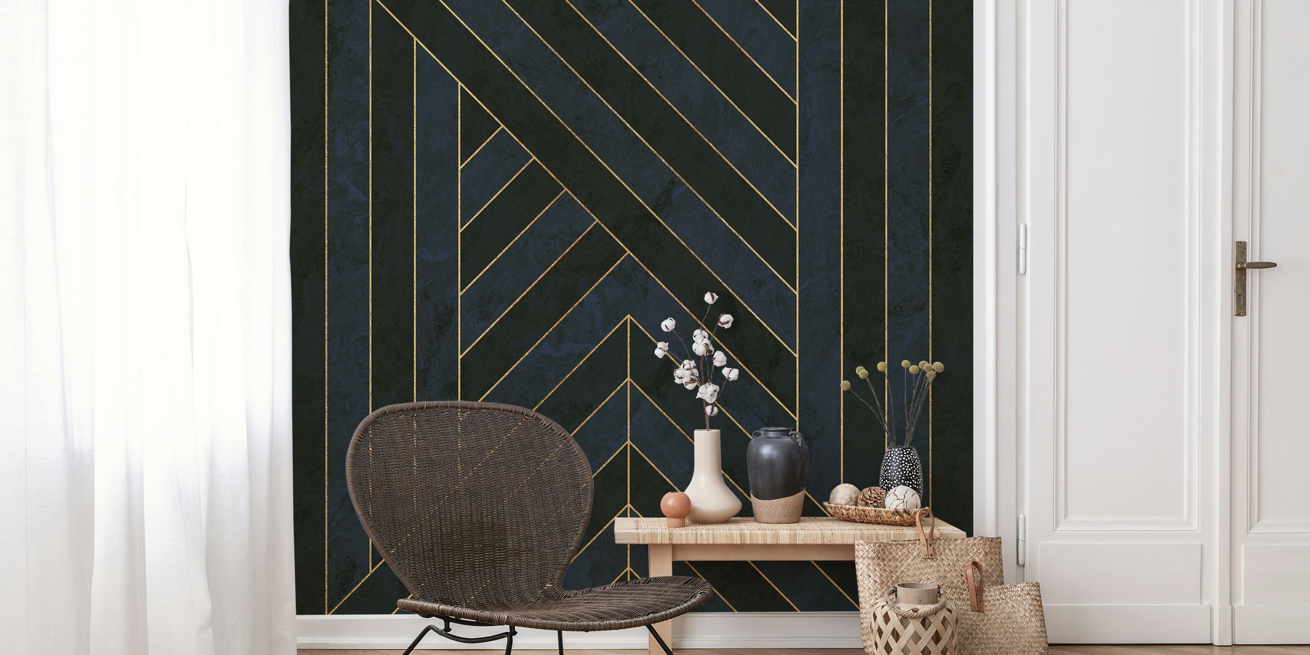 Wandtapete mit Linienkunst-Mosaik in Marineblau und Gold mit geometrischem Design