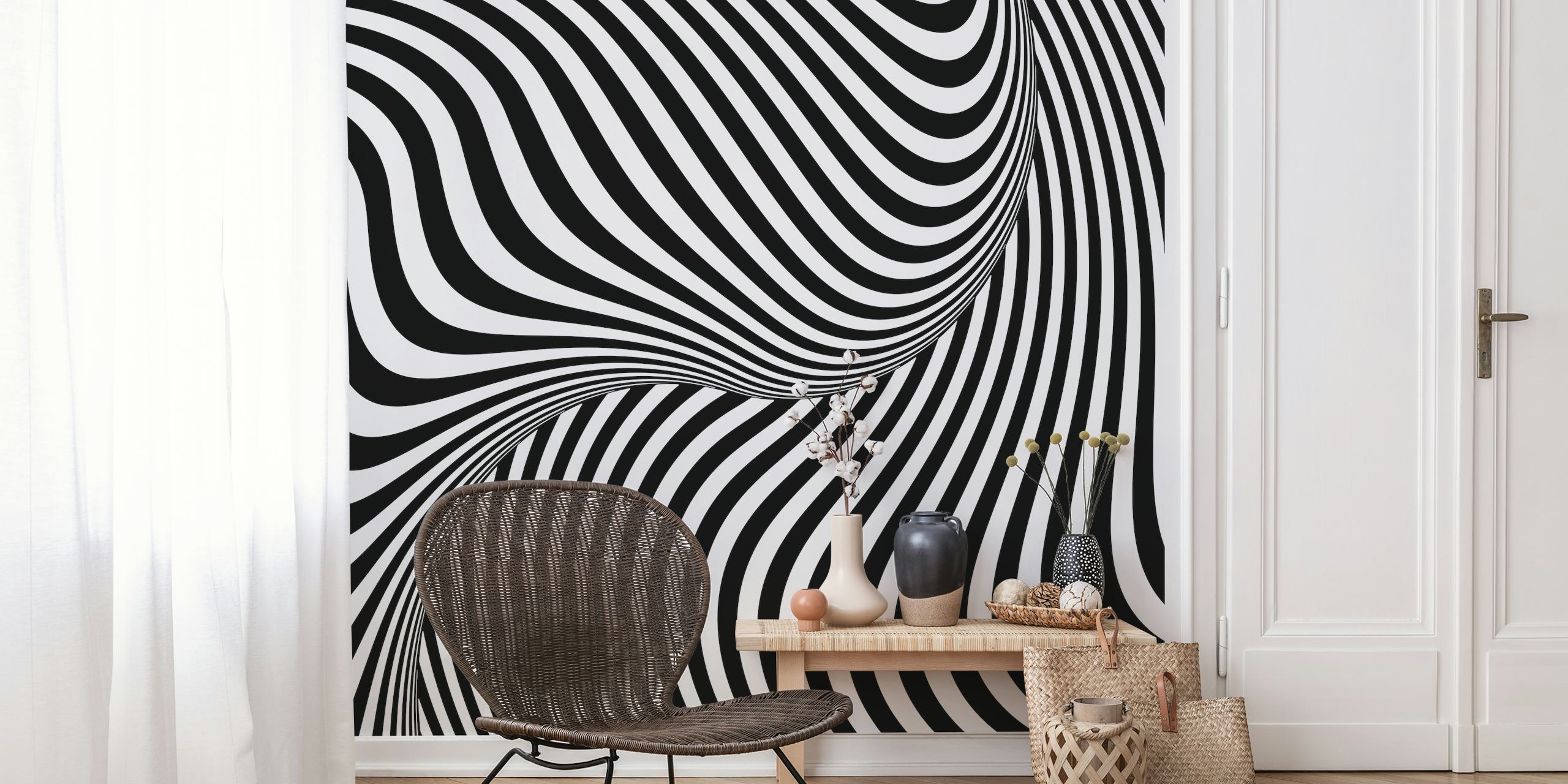 Monochrome op-art wall mural with hypnotic black and white curves