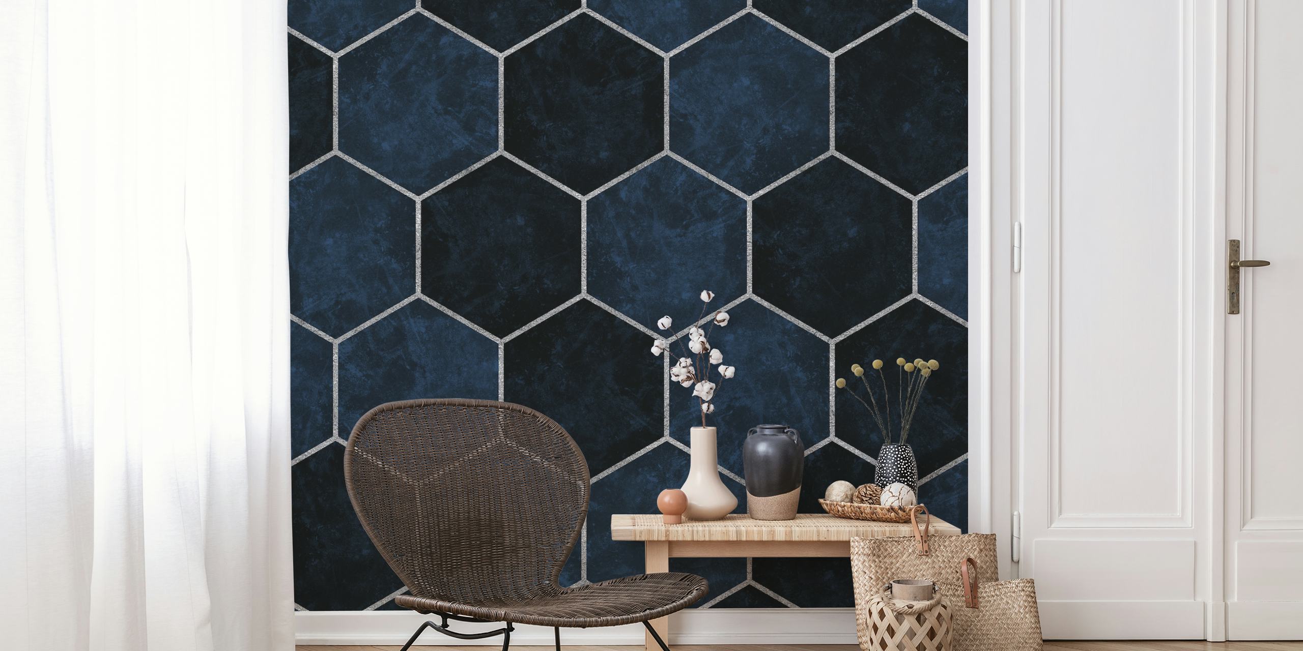 Dark blue navy and silver hexagons wallpaper