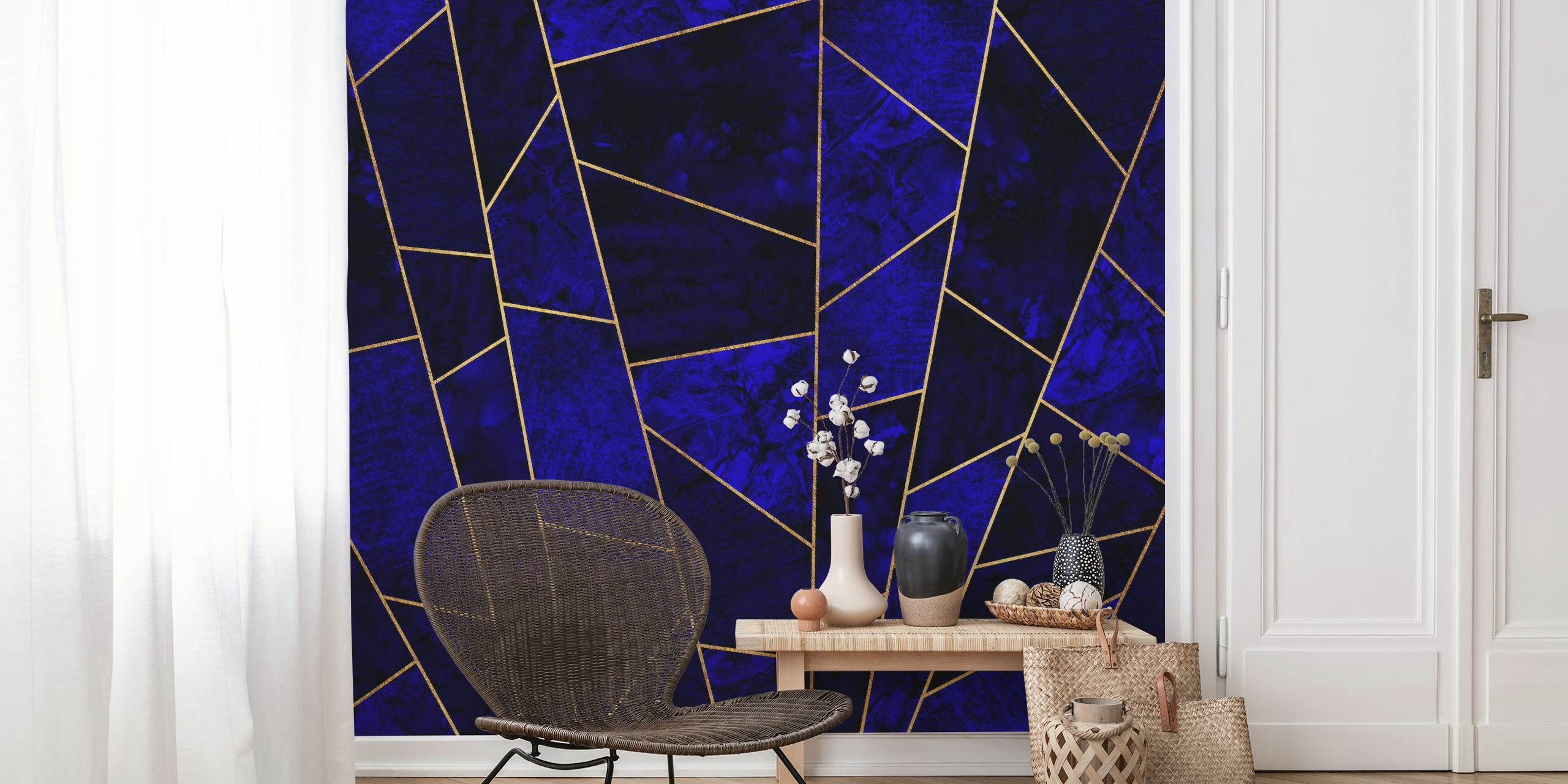 Deep sapphire blue and gold luxury tiles wallpaper in a room