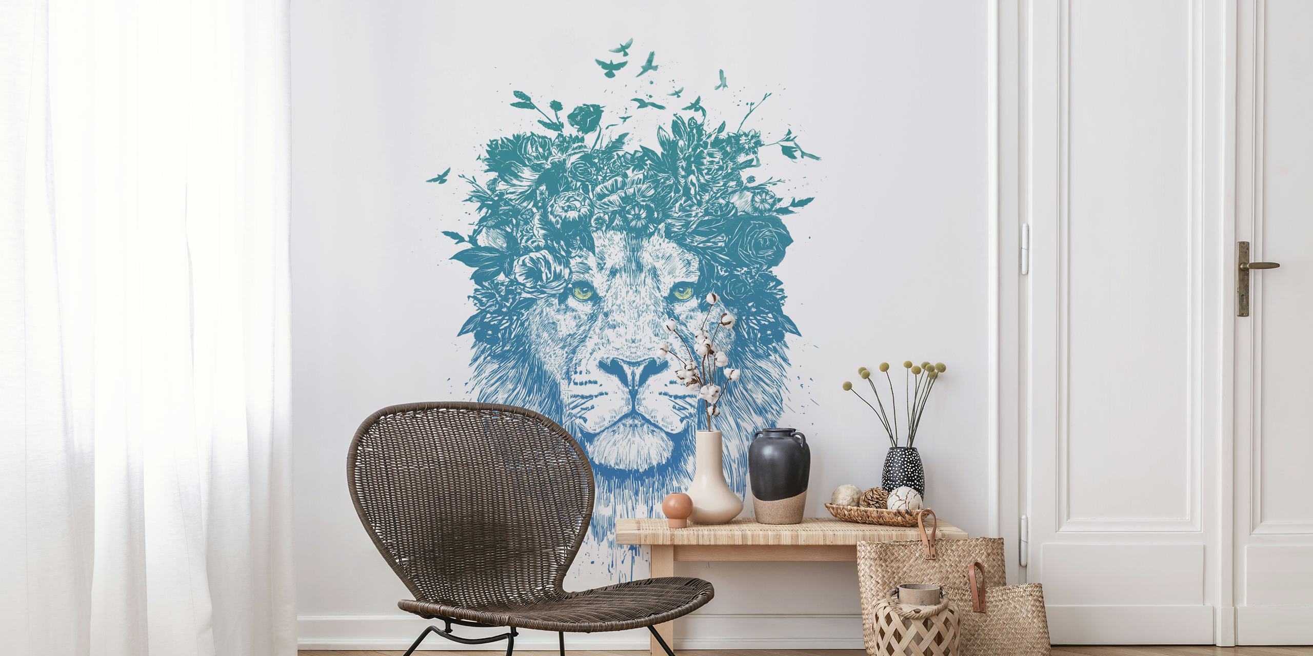 Floral lion illustration in blue tones with flowers and birds wallpaper