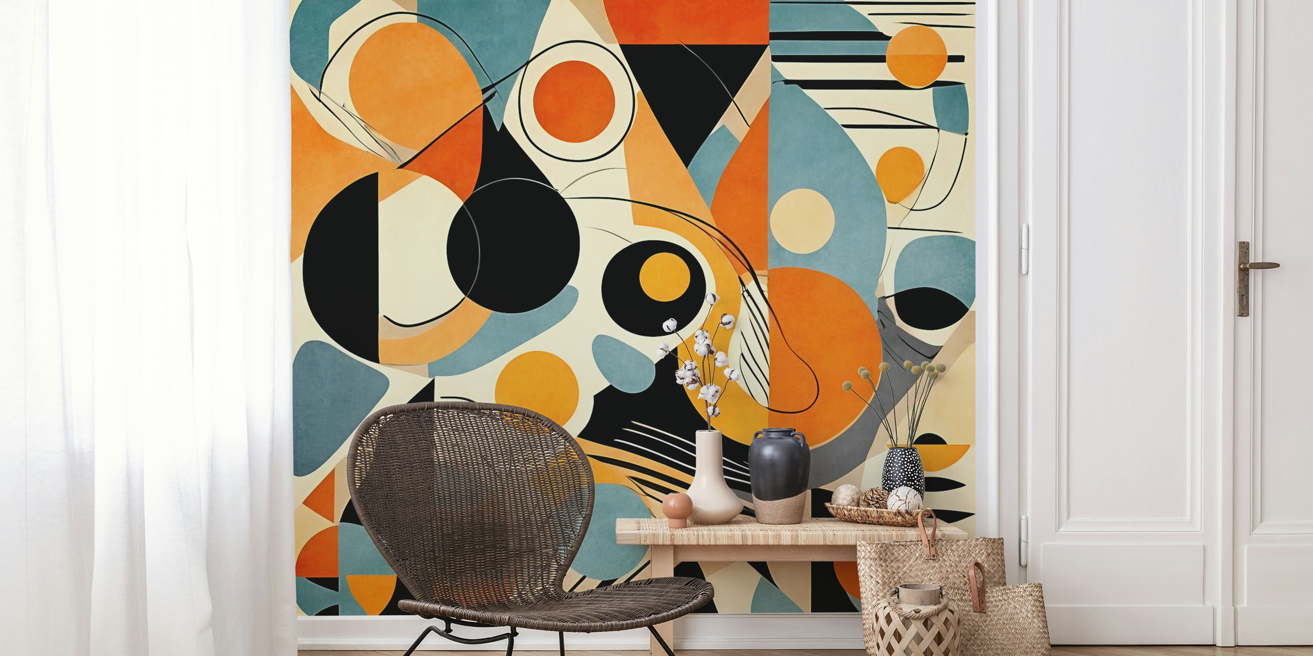 Abstract geometric wall mural with a mix of orange, blue, black, and cream colors