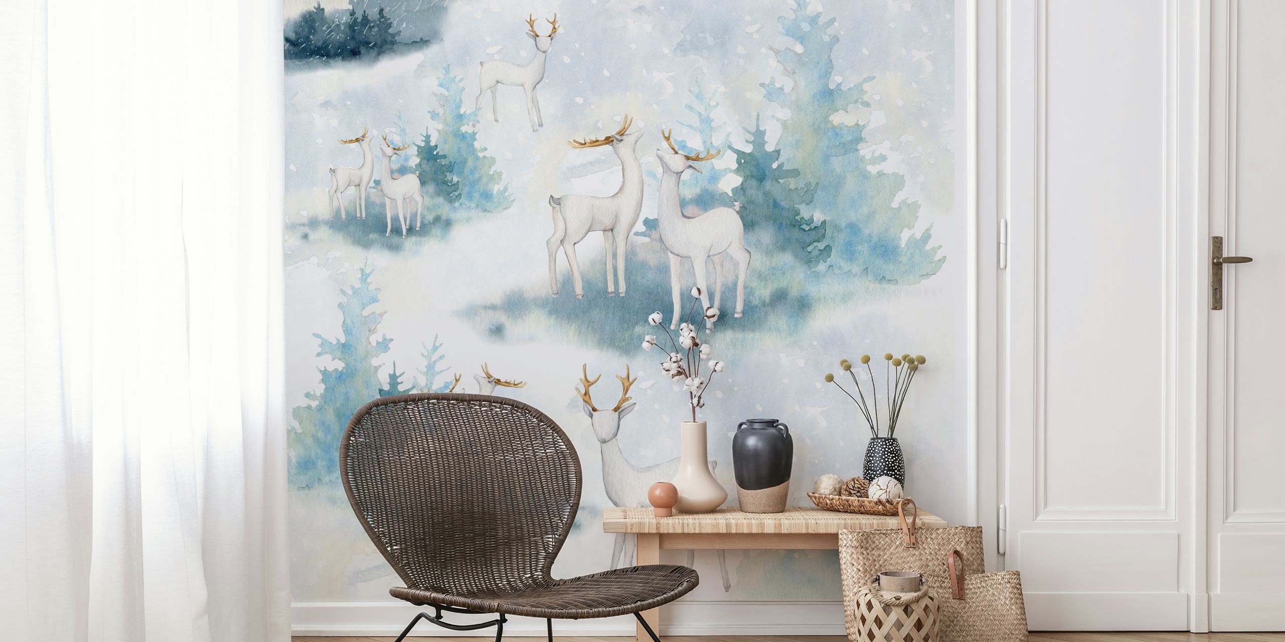 Winter forest wallpaper with deer and snow