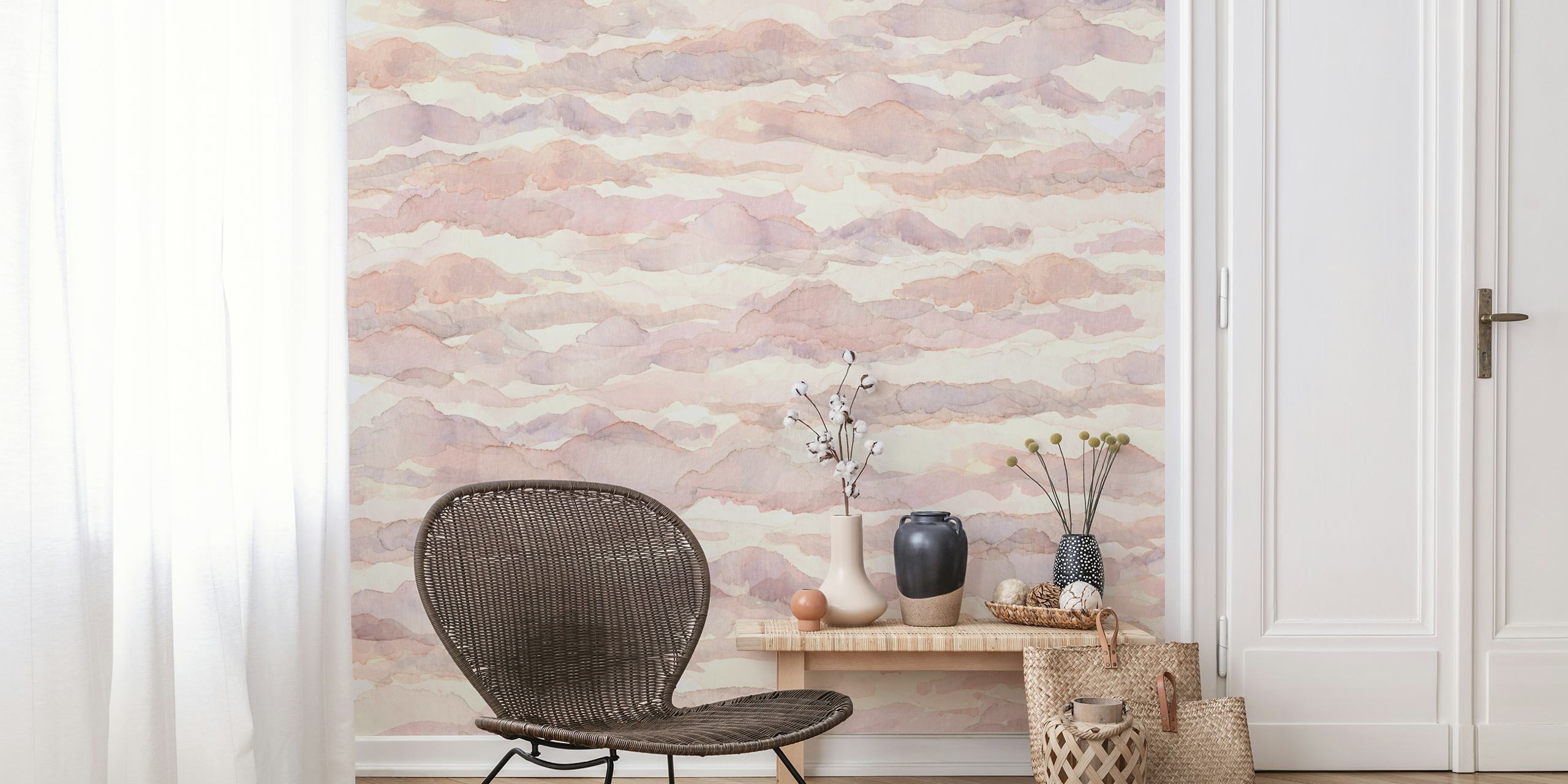 Papier peint mural motif nuage aquarelle subtil rose et crème