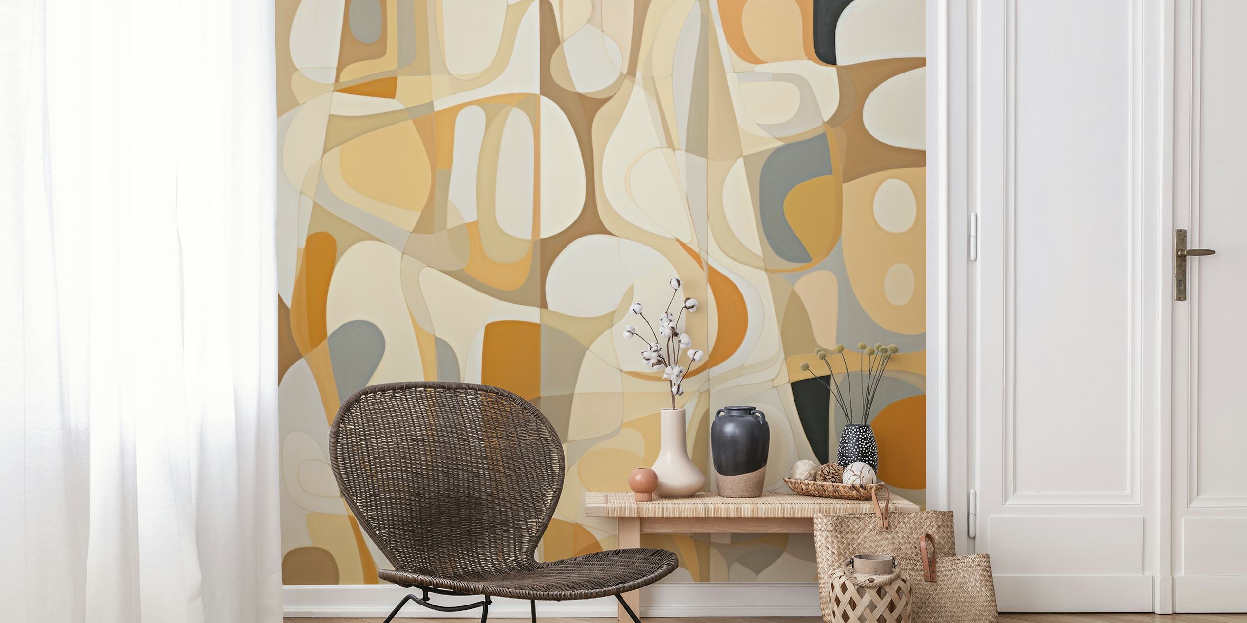 Geometric shapes in orange, beige and black wallpaper