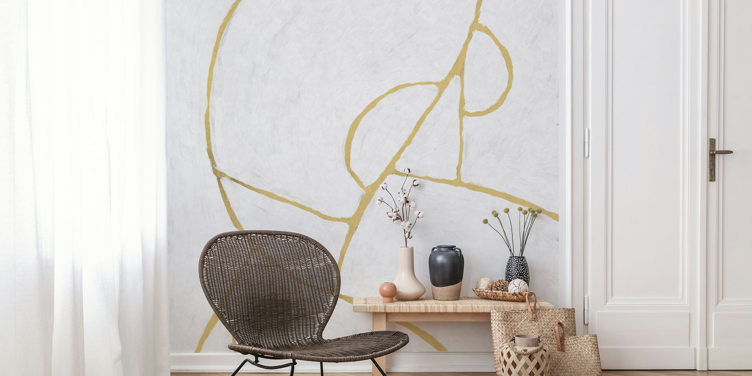 Minimalist geometric wall mural with gold lines on a white background
