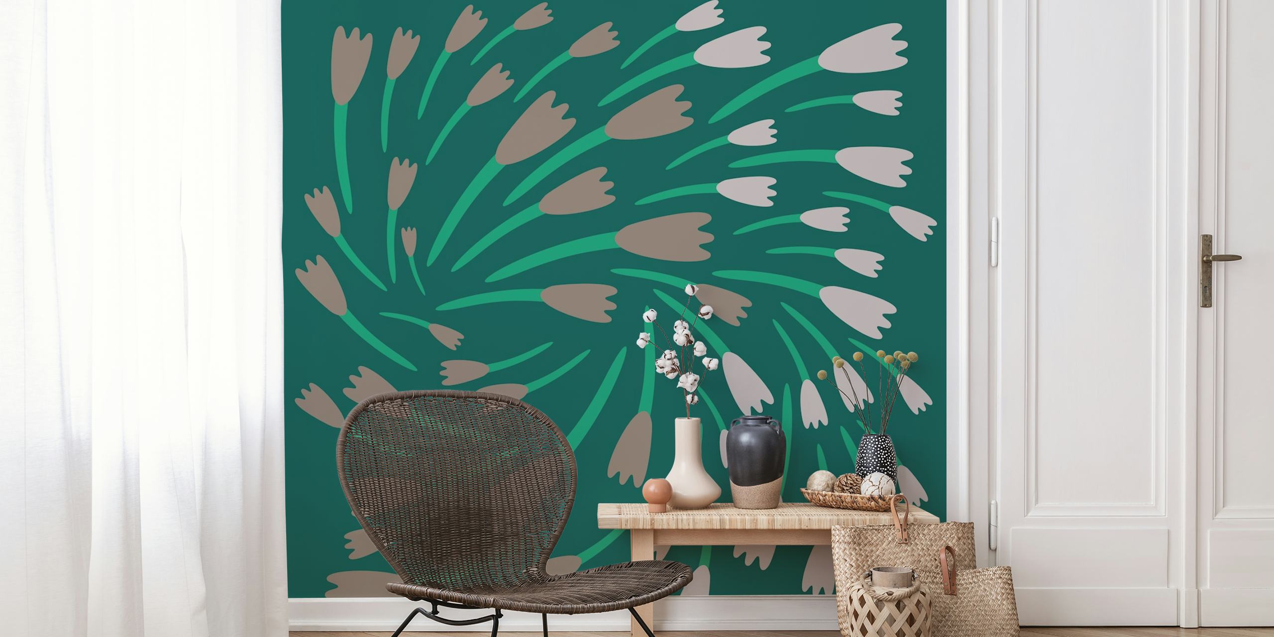 Zidna obloga Dark green s dizajnom turning flowers