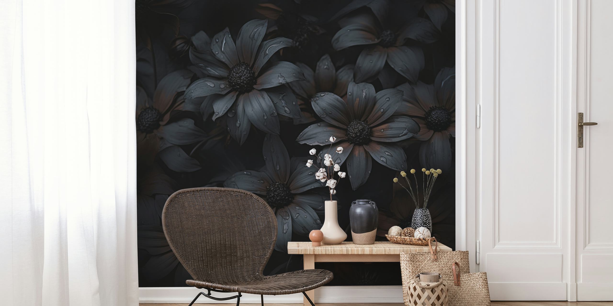 Dark floral wallpaper featuring intricate flowers in muted tones