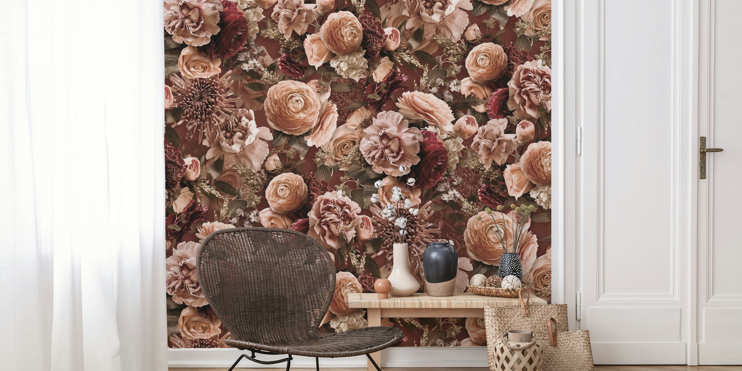 Baroque floral pattern in peach, pink, and brown wallpaper