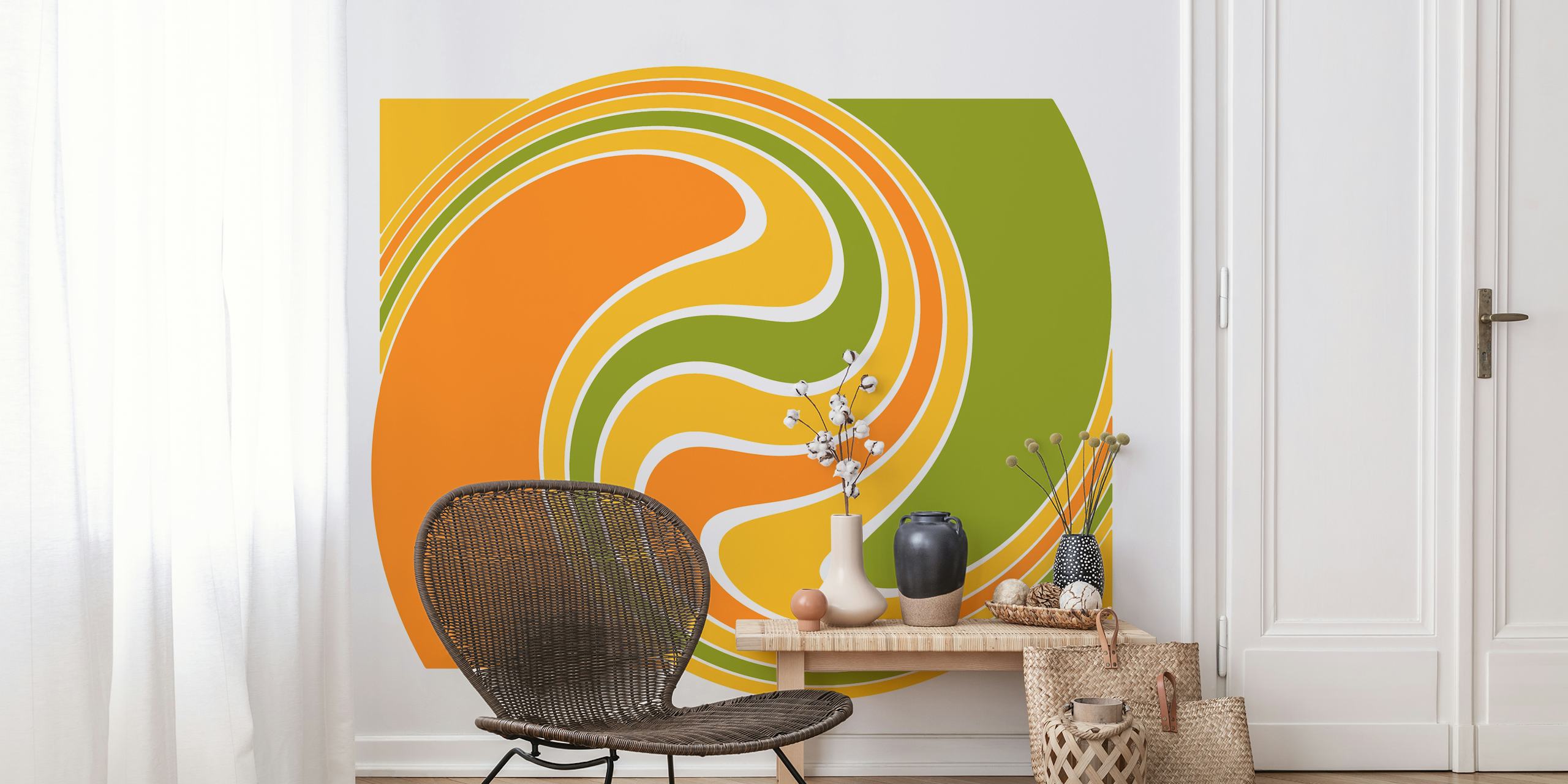 Funky Retro Geo Wave Swirl carta da parati in una stanza