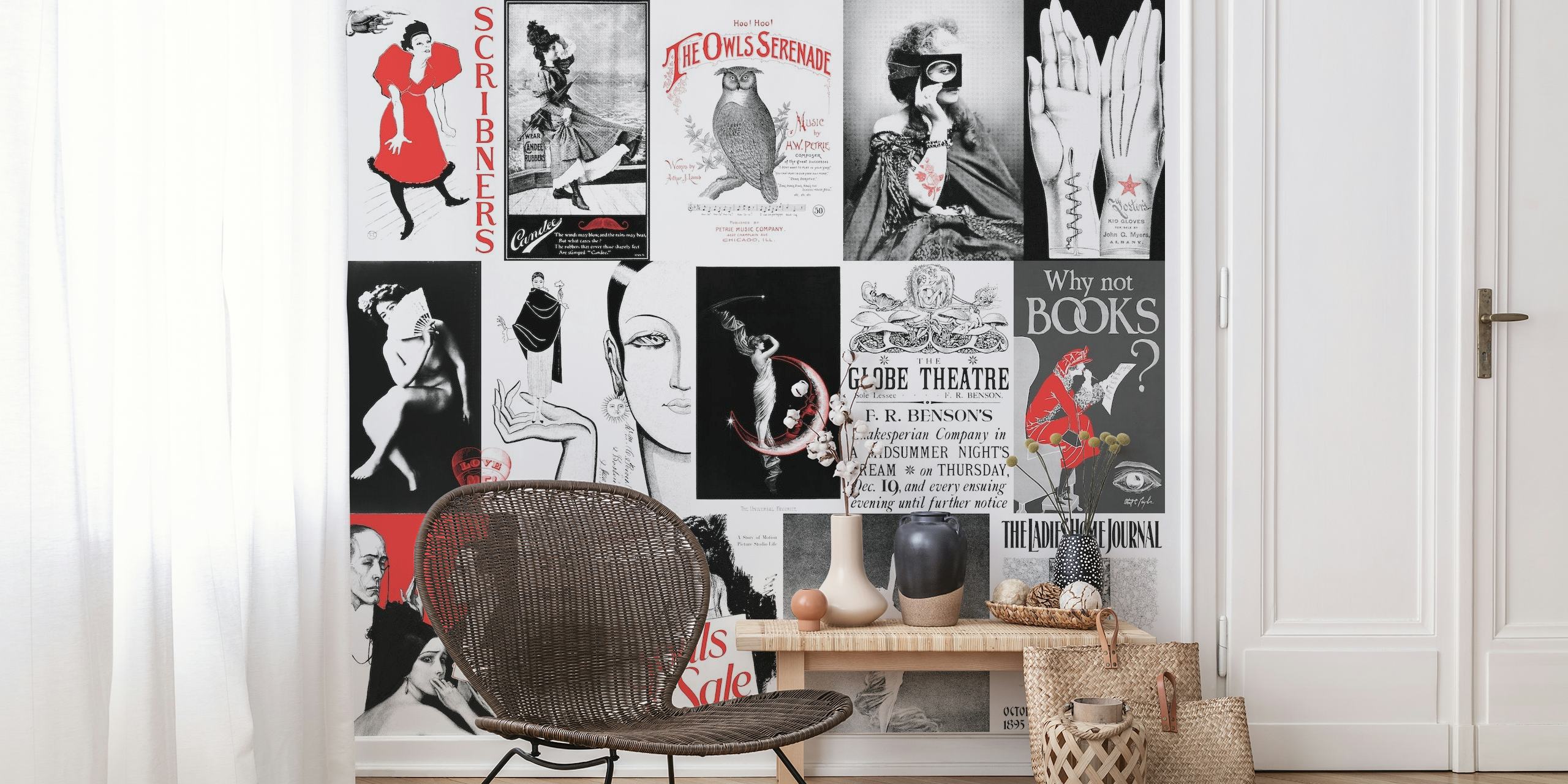 Collage of vintage advertisements and illustrations in black, white, and red wall mural