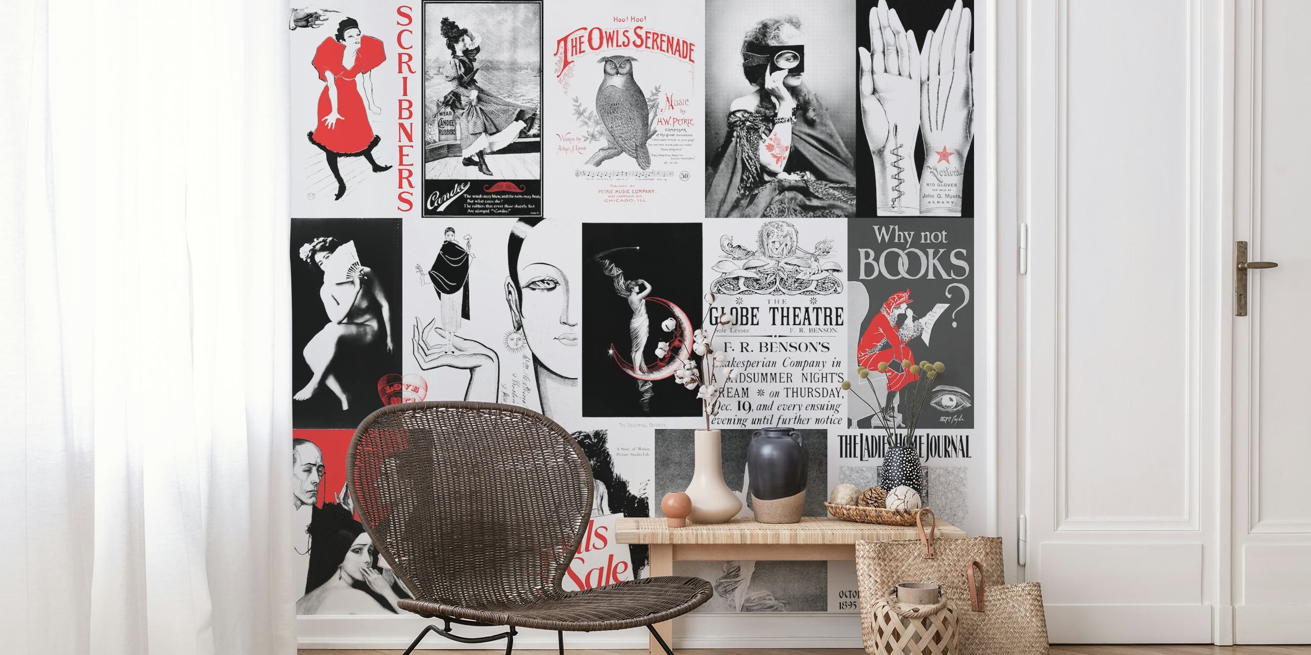 Collage of vintage advertisements and illustrations in black, white, and red wall mural