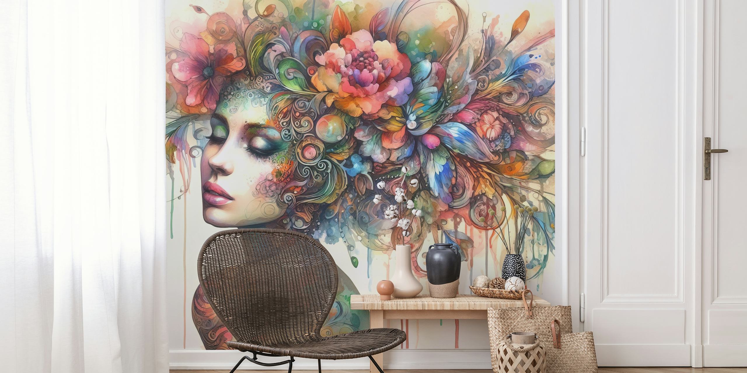 Kunstnerisk akvarellveggmaleri av en kvinne omgitt av blomsterdesign