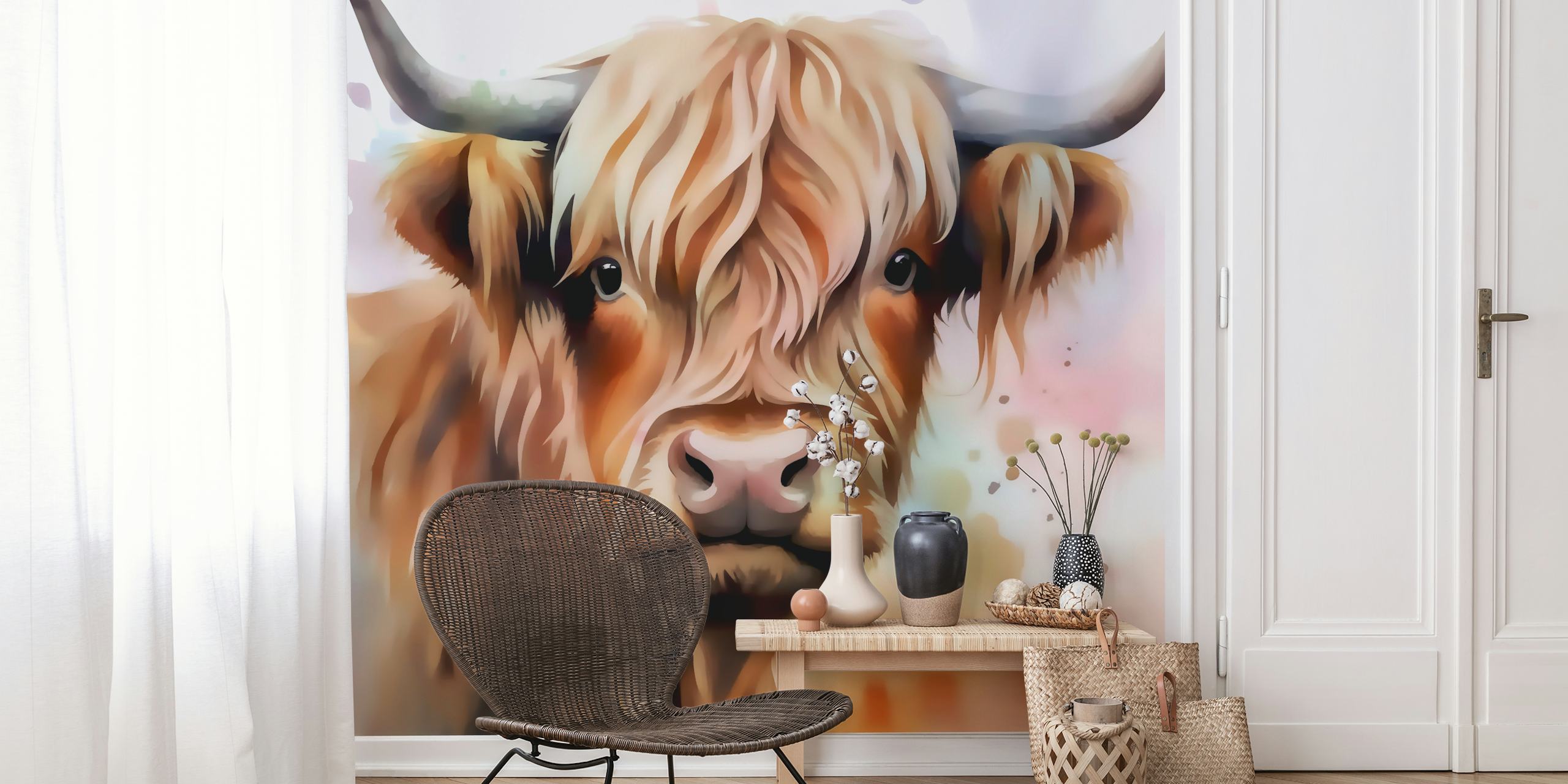 Highland cow close-up with soft brown and cream colors wall mural