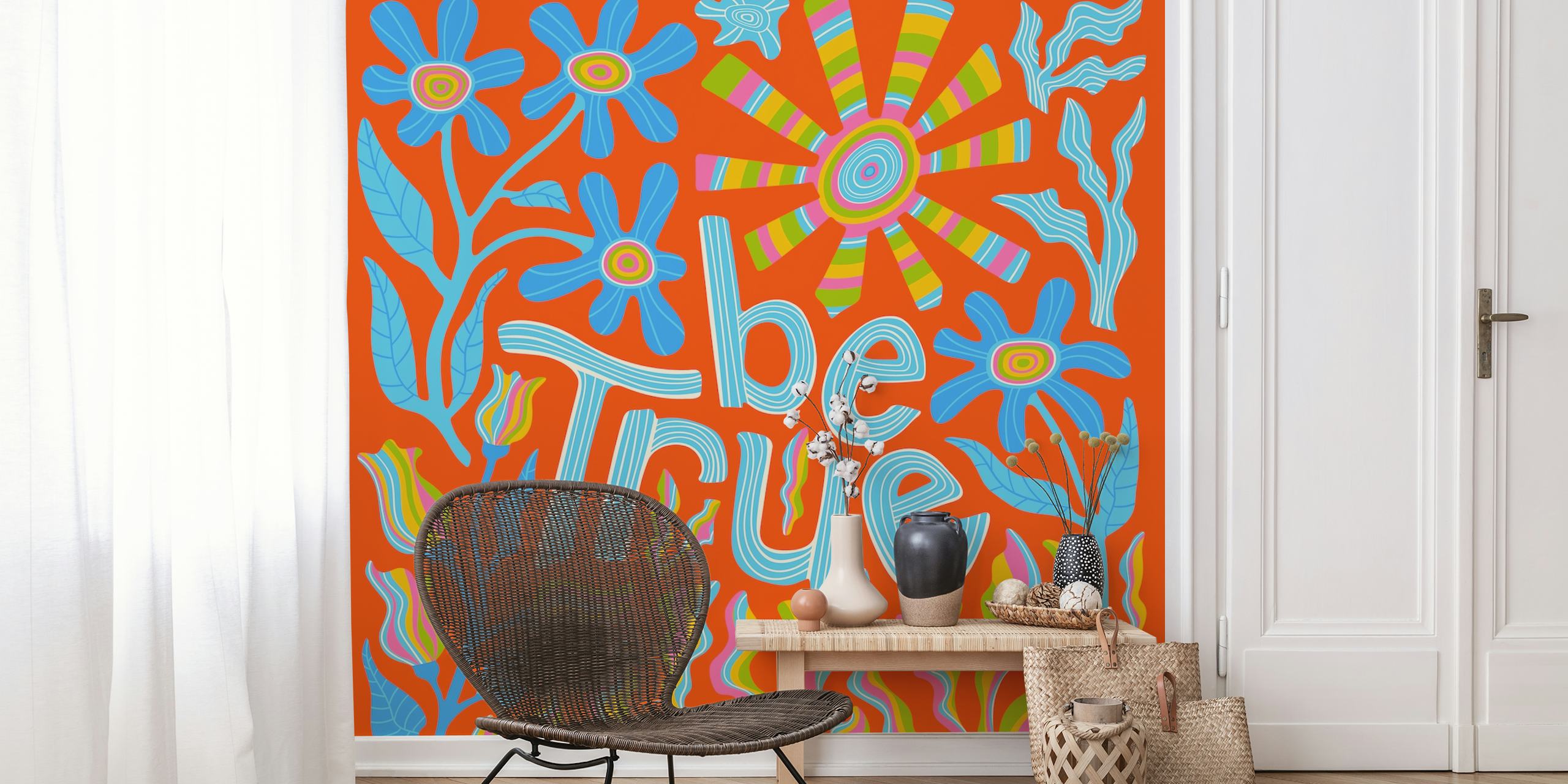 Colorful Be True Quote Wall Mural With Floral And Sun Designs On A Bright Orange Background
