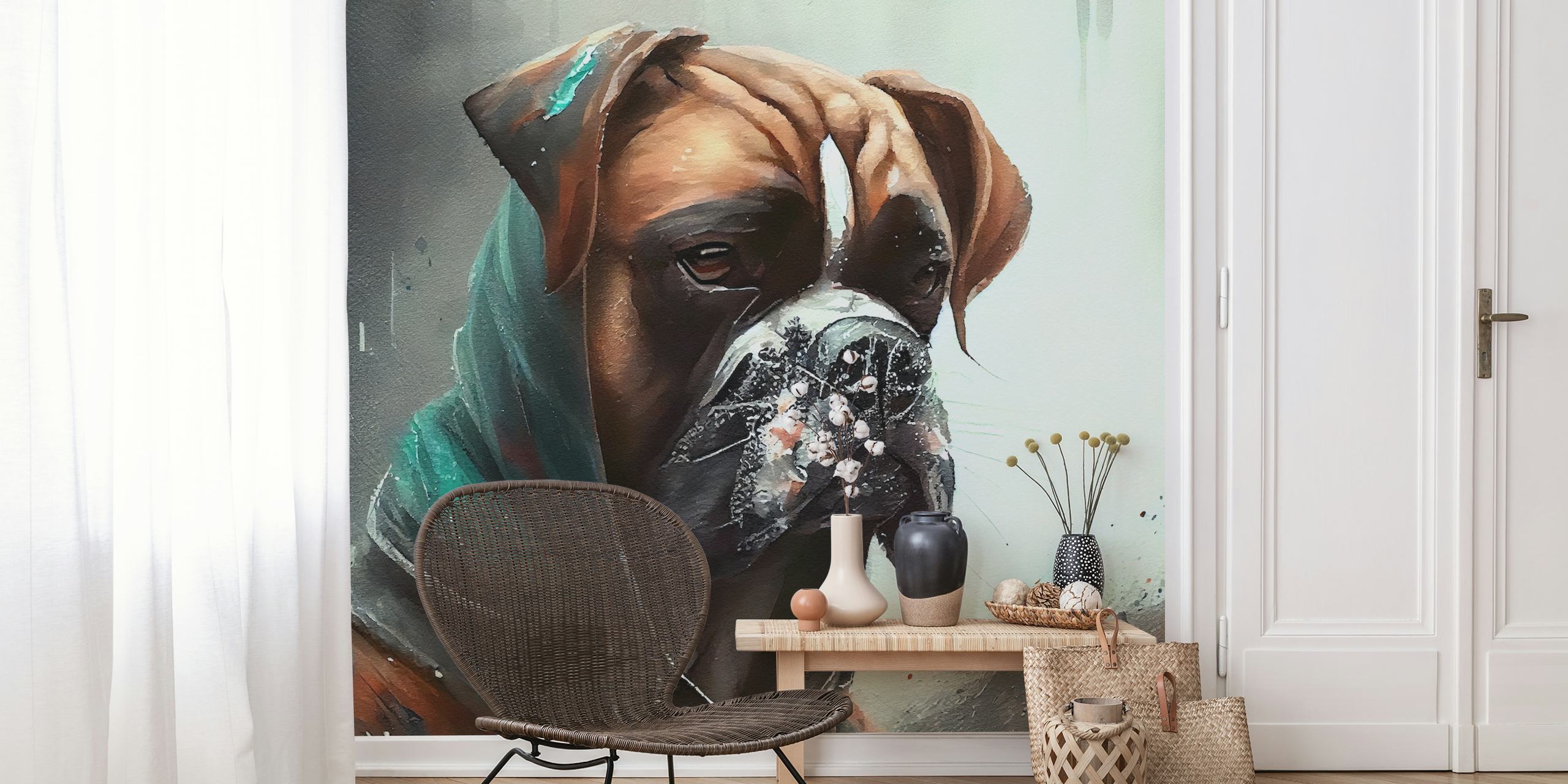 Papel de parede Watercolor Boxer Dog em um quarto