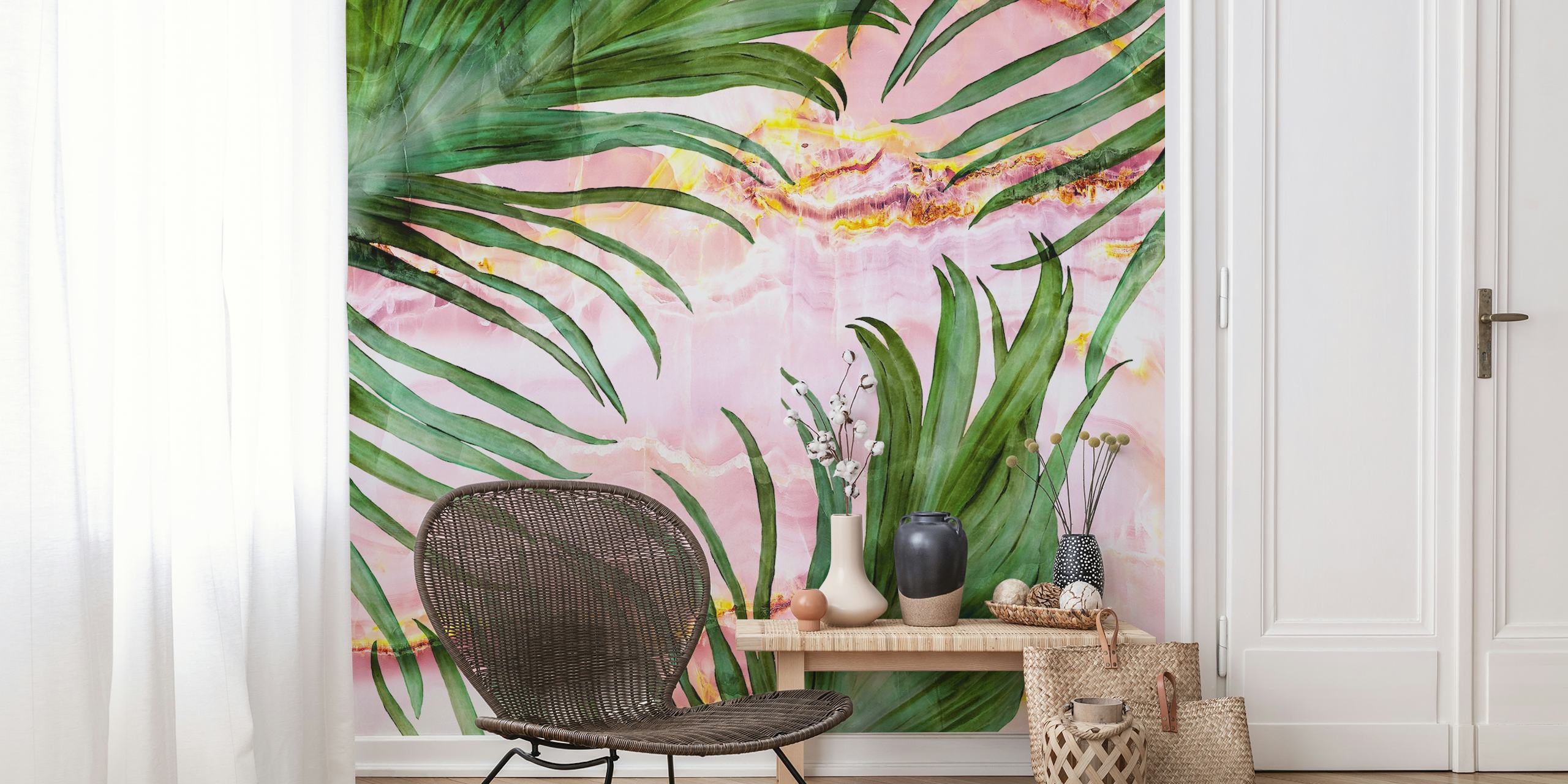 Palm leaf wallpaper design on marble