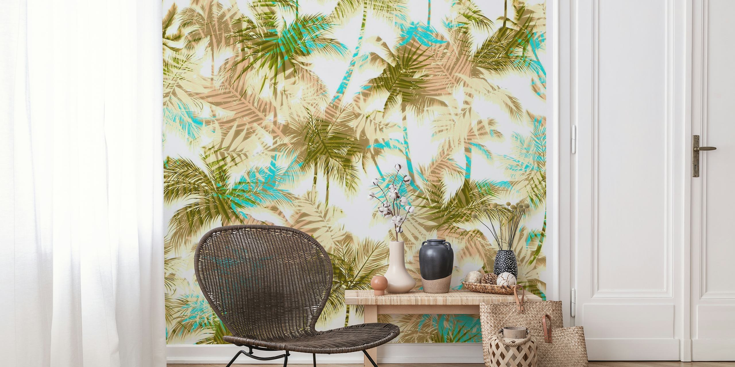 Abstract leaf patterns intermingled with tropical palm trees in soft, muted tones for wall decor
